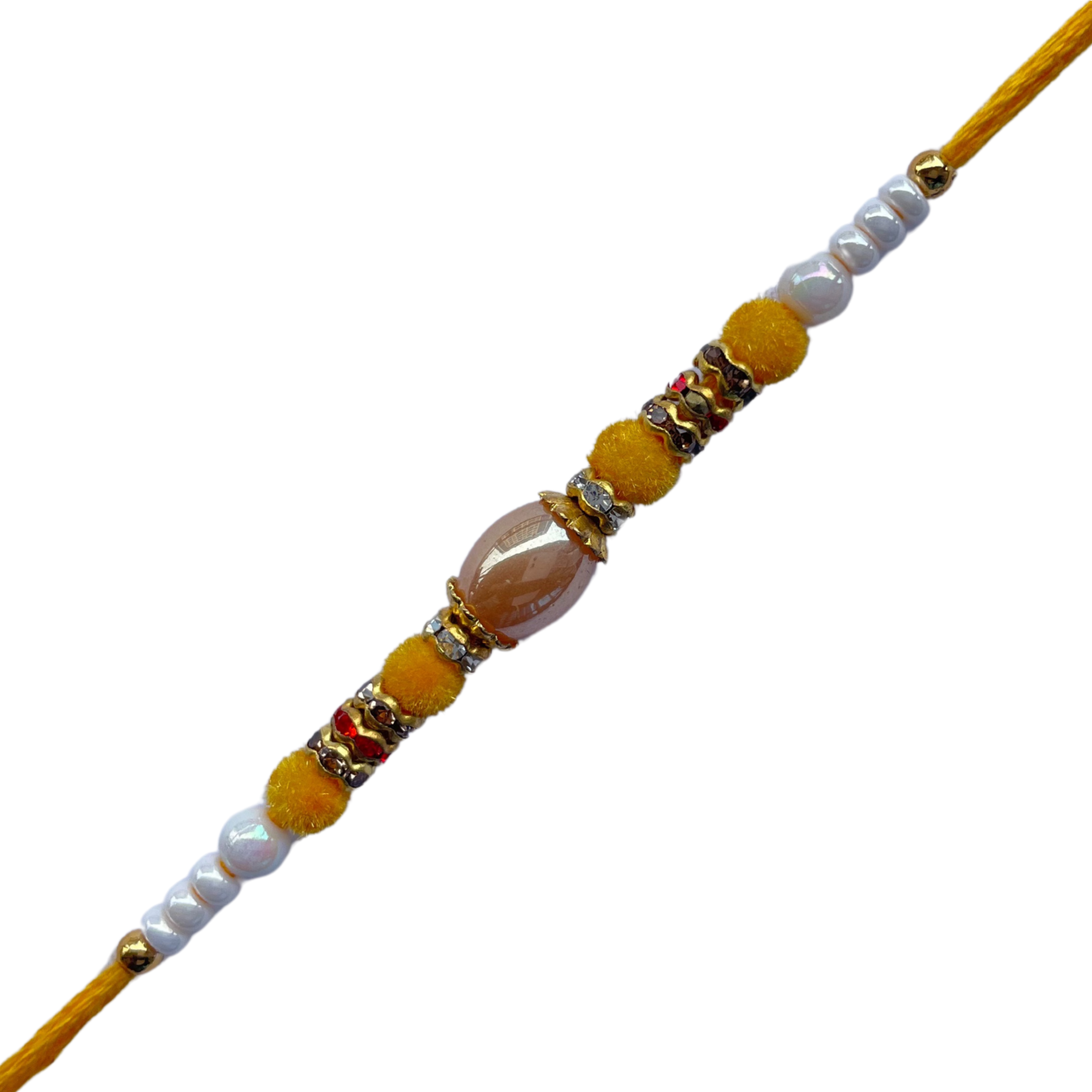 Elegant Yellow & White Beaded Rakhi with Central Crystal Bead