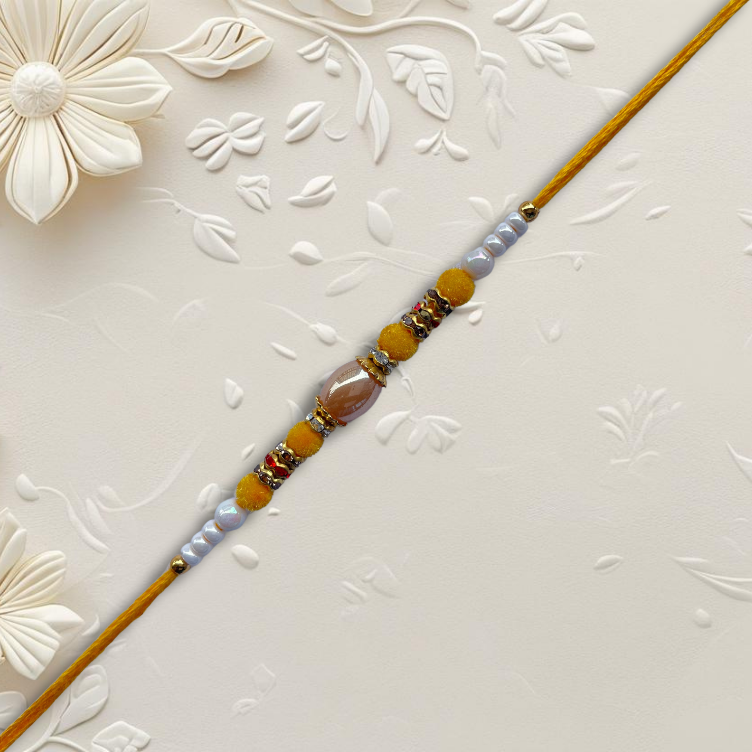 Elegant Yellow & White Beaded Rakhi with Central Crystal Bead
