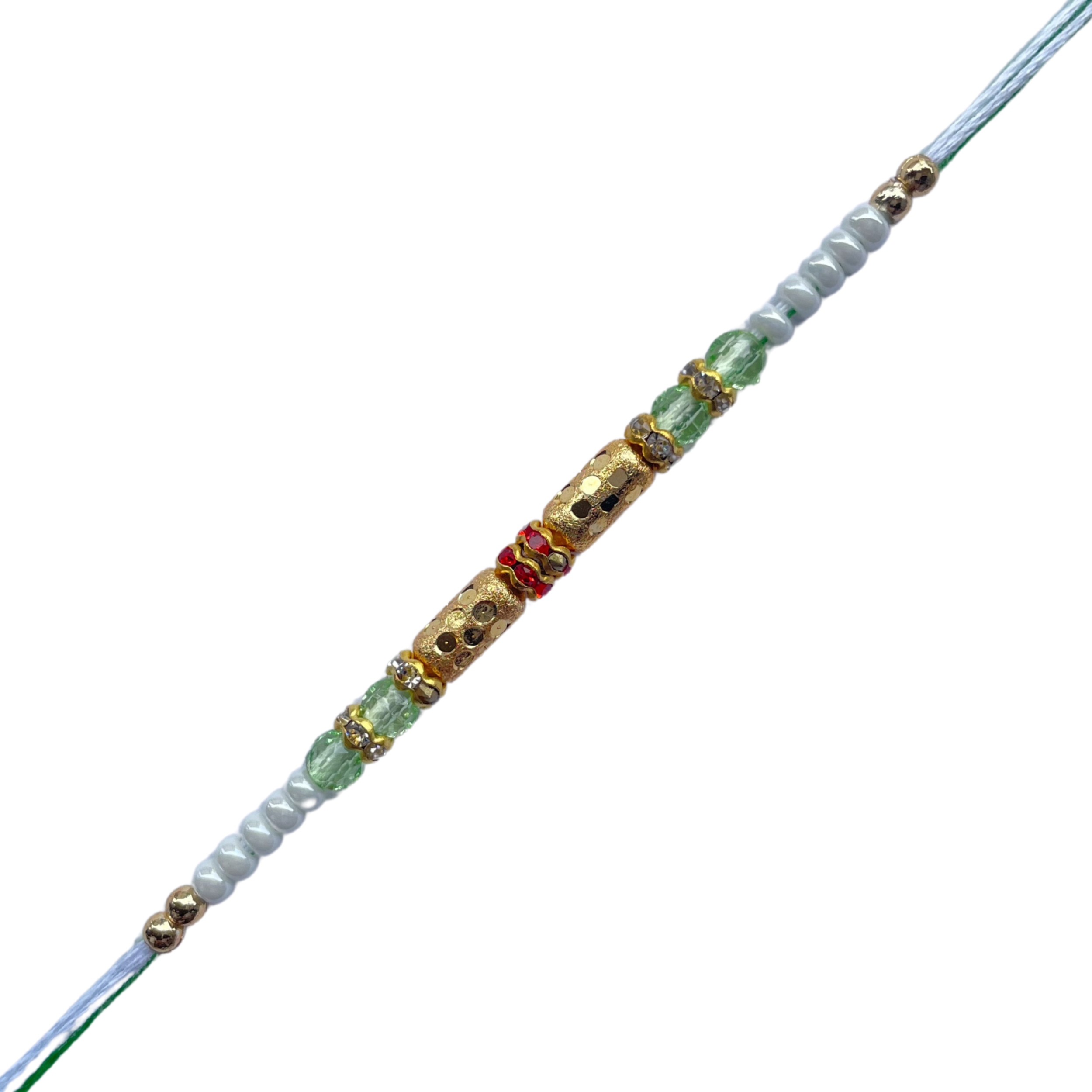 Classic Gold Barrel Bead Rakhi with Green & White Accents