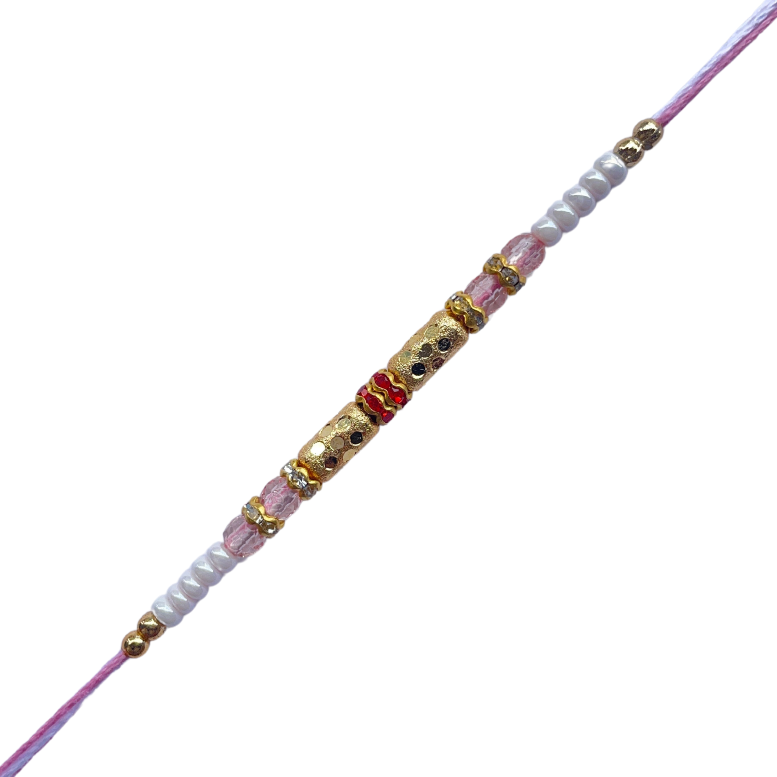 Classic Gold Barrel Bead Rakhi with Light Pink & White Accents