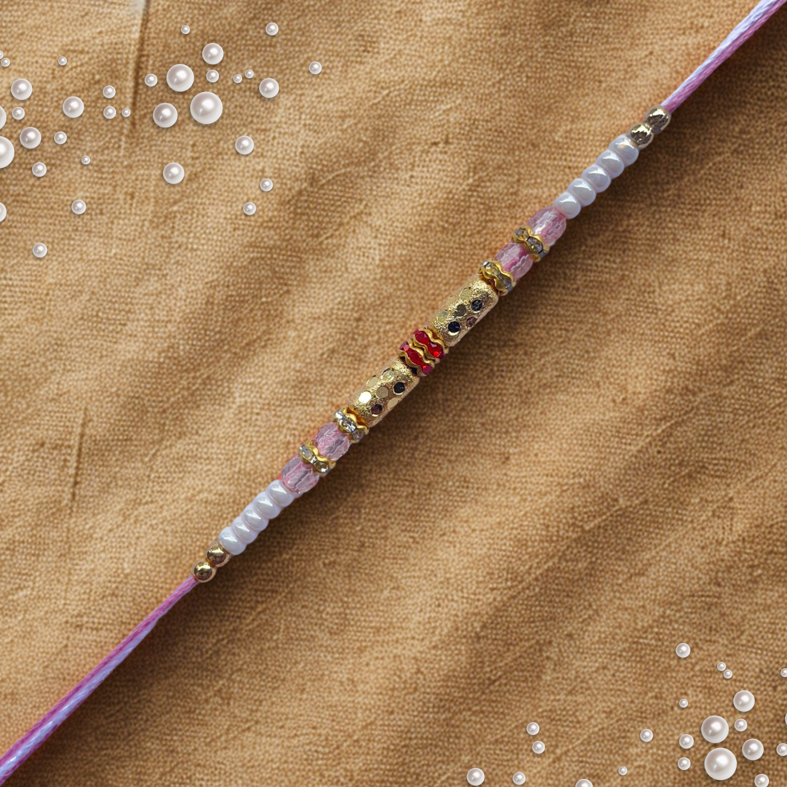 Classic Gold Barrel Bead Rakhi with Light Pink & White Accents