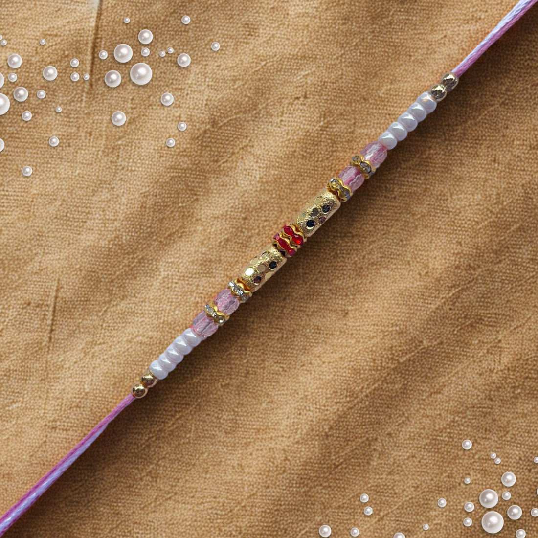Classic Gold Barrel Bead Rakhi with Light Pink & White Accents