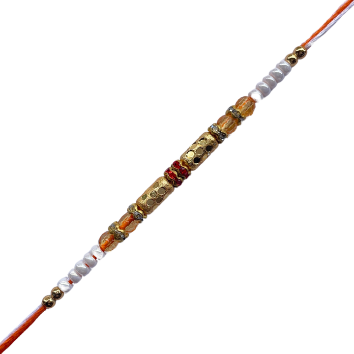Classic Gold Barrel Bead Rakhi with Orange & White Accents