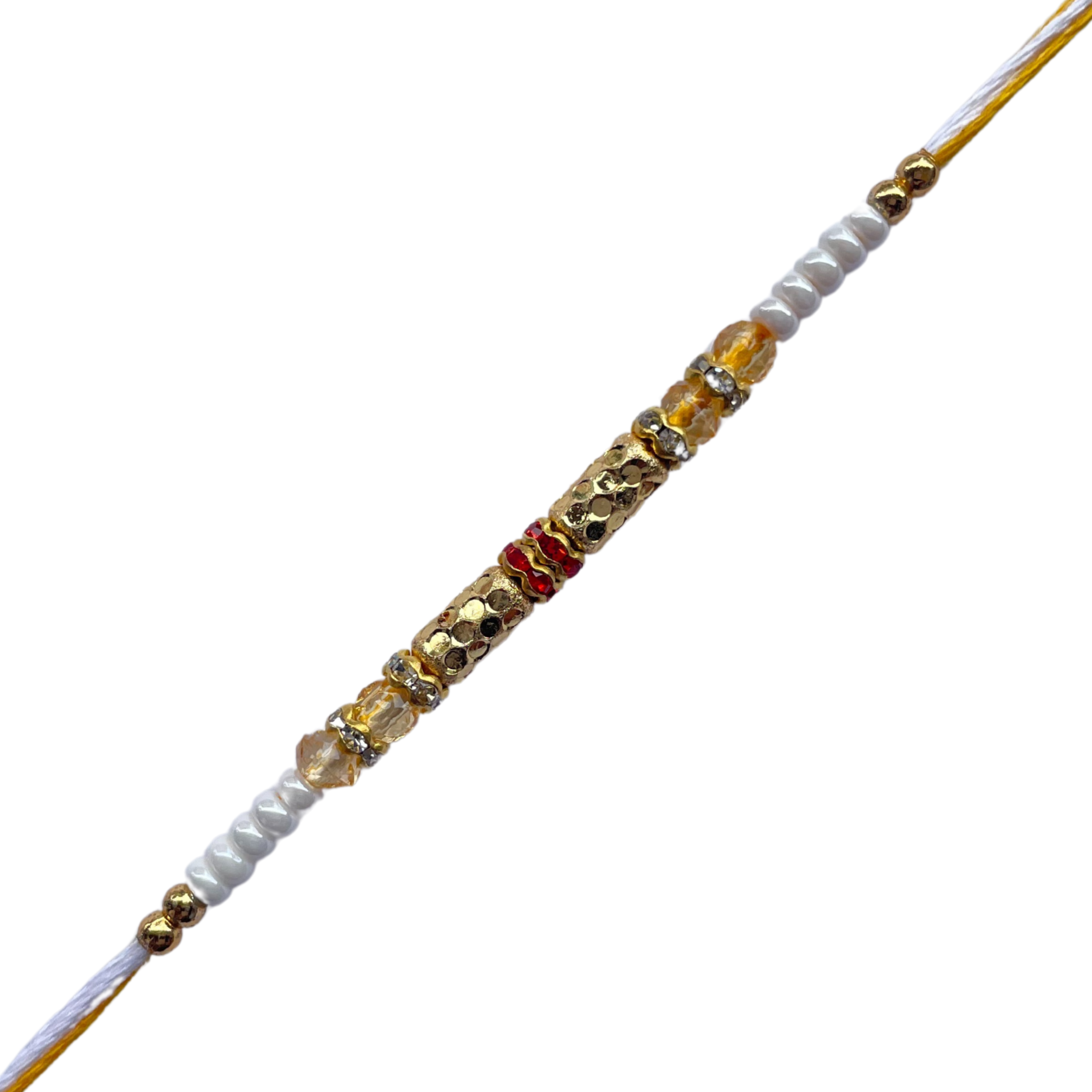 Classic Gold Barrel Bead Rakhi with Yellow & White Accents