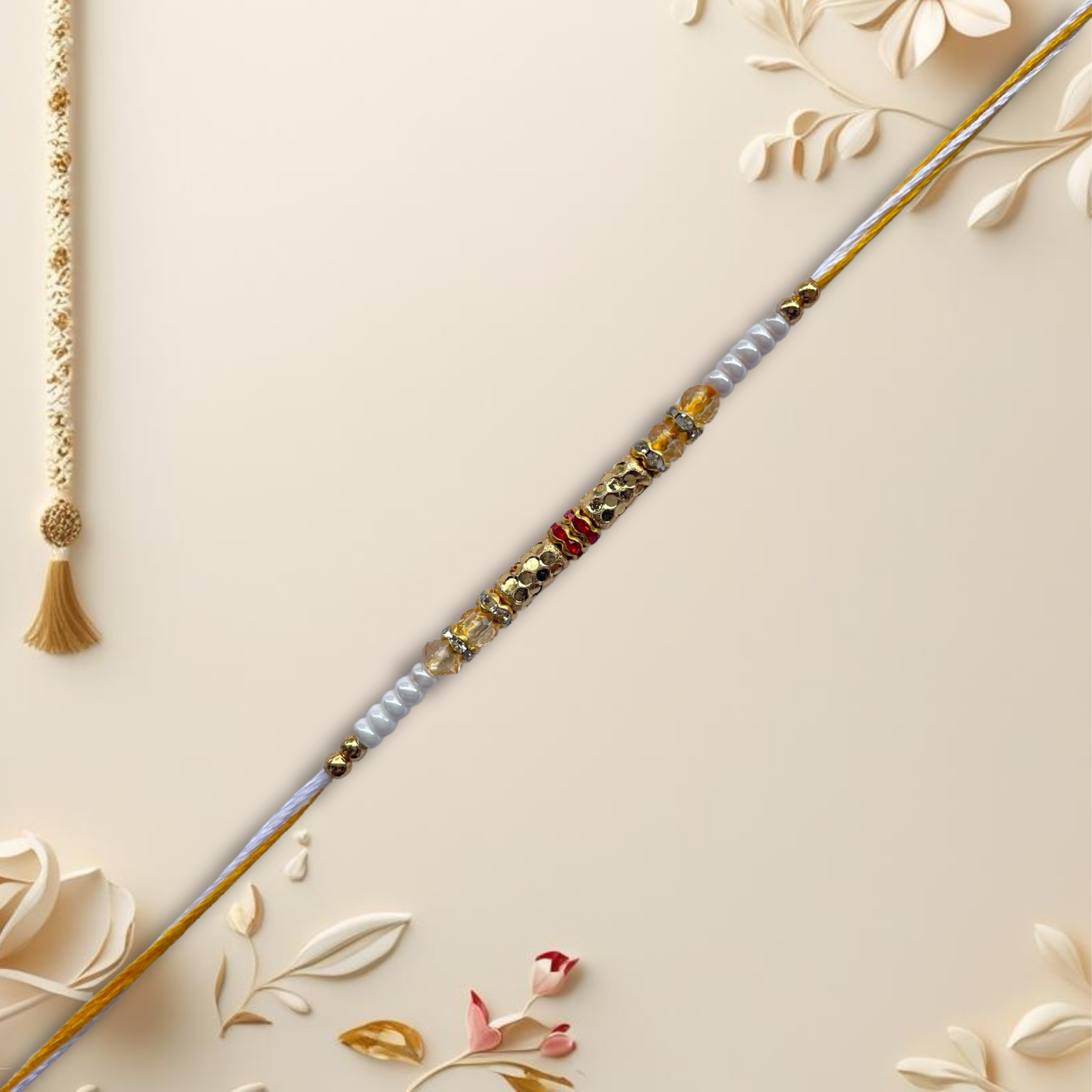 Classic Gold Barrel Bead Rakhi with Yellow & White Accents