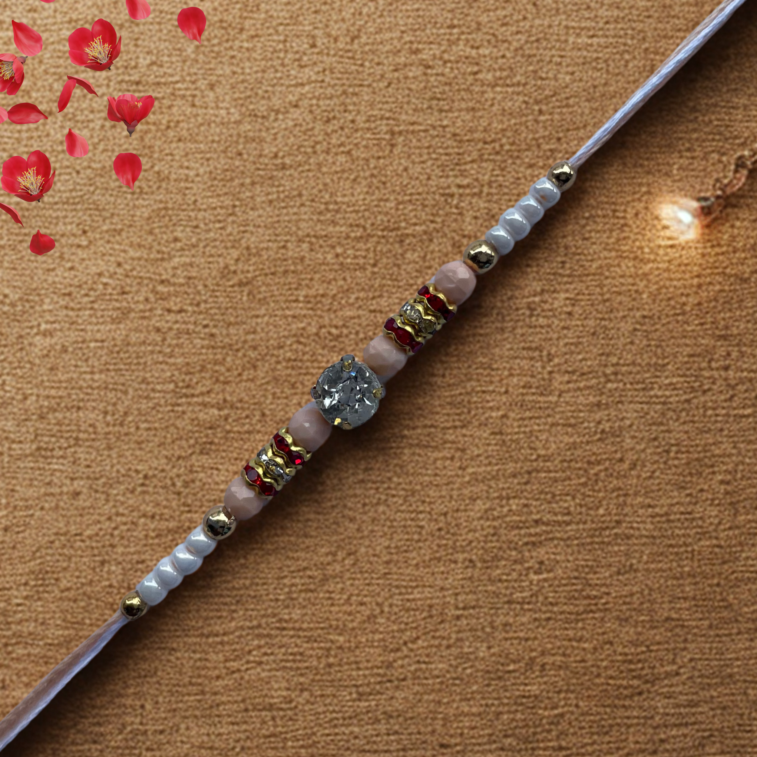 Elegant Cream Beaded Rakhi with Stone Centrepiece
