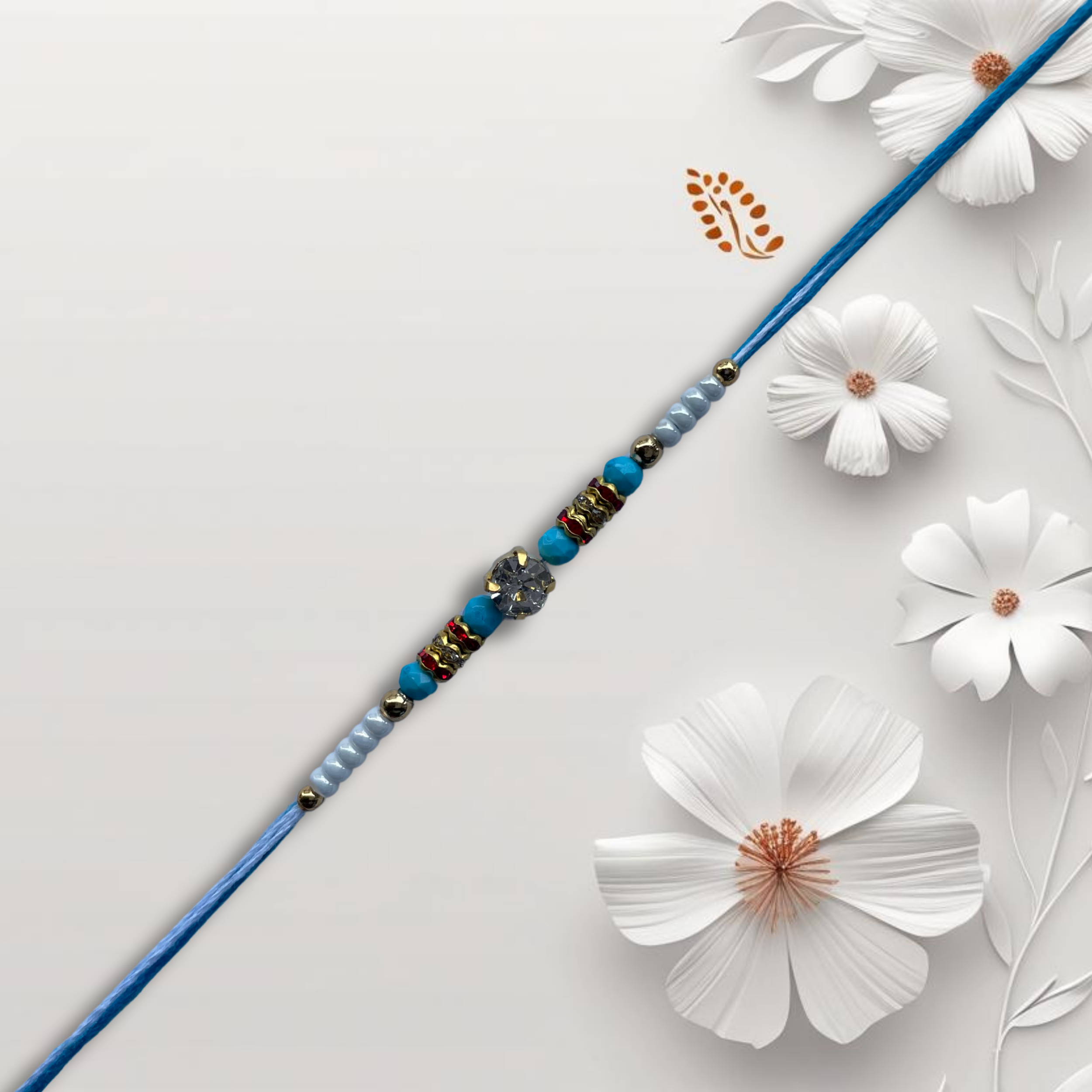 Elegant Light Blue Beaded Rakhi with Stone Centrepiece