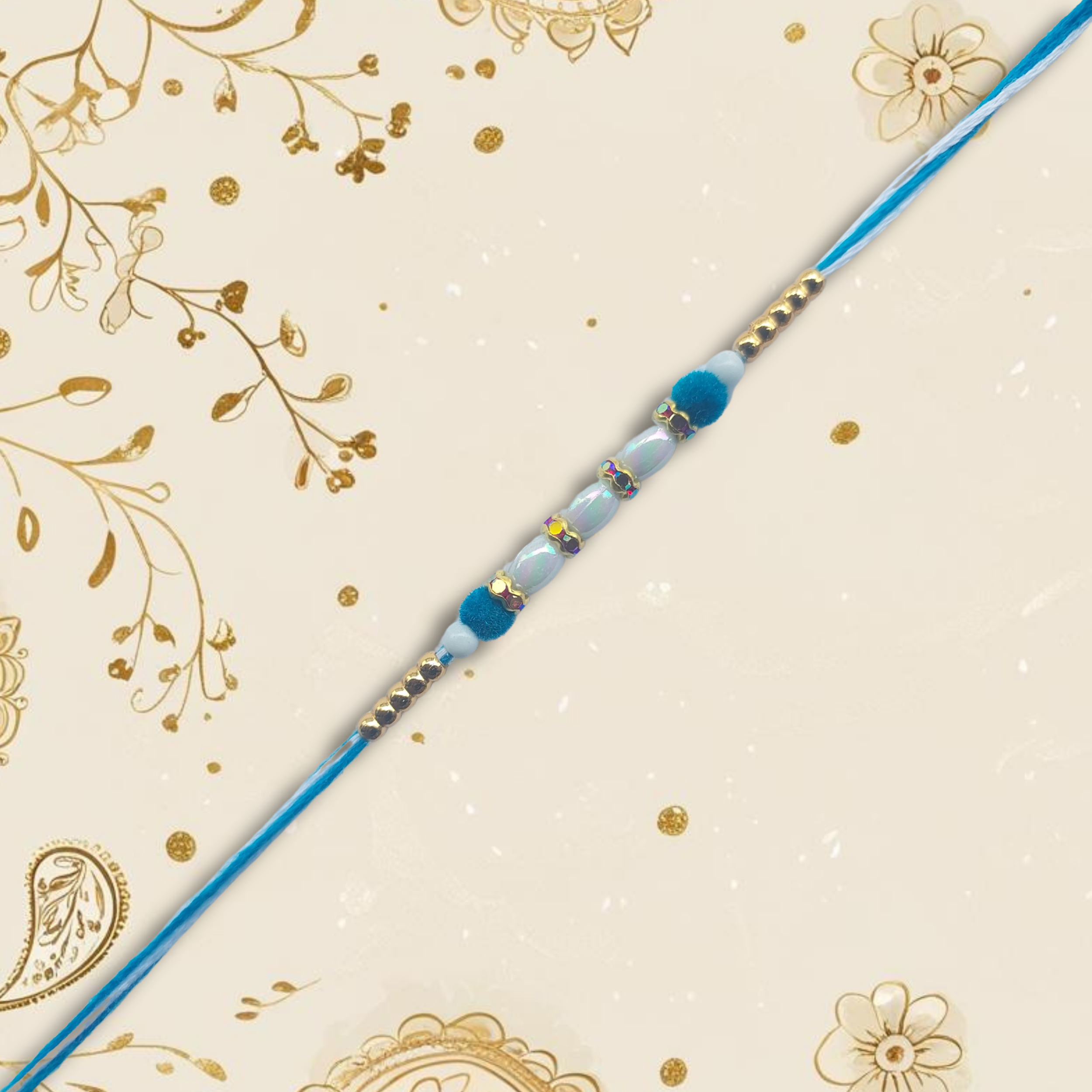 Light Blue Pearl Rakhi with Golden Bead Accents
