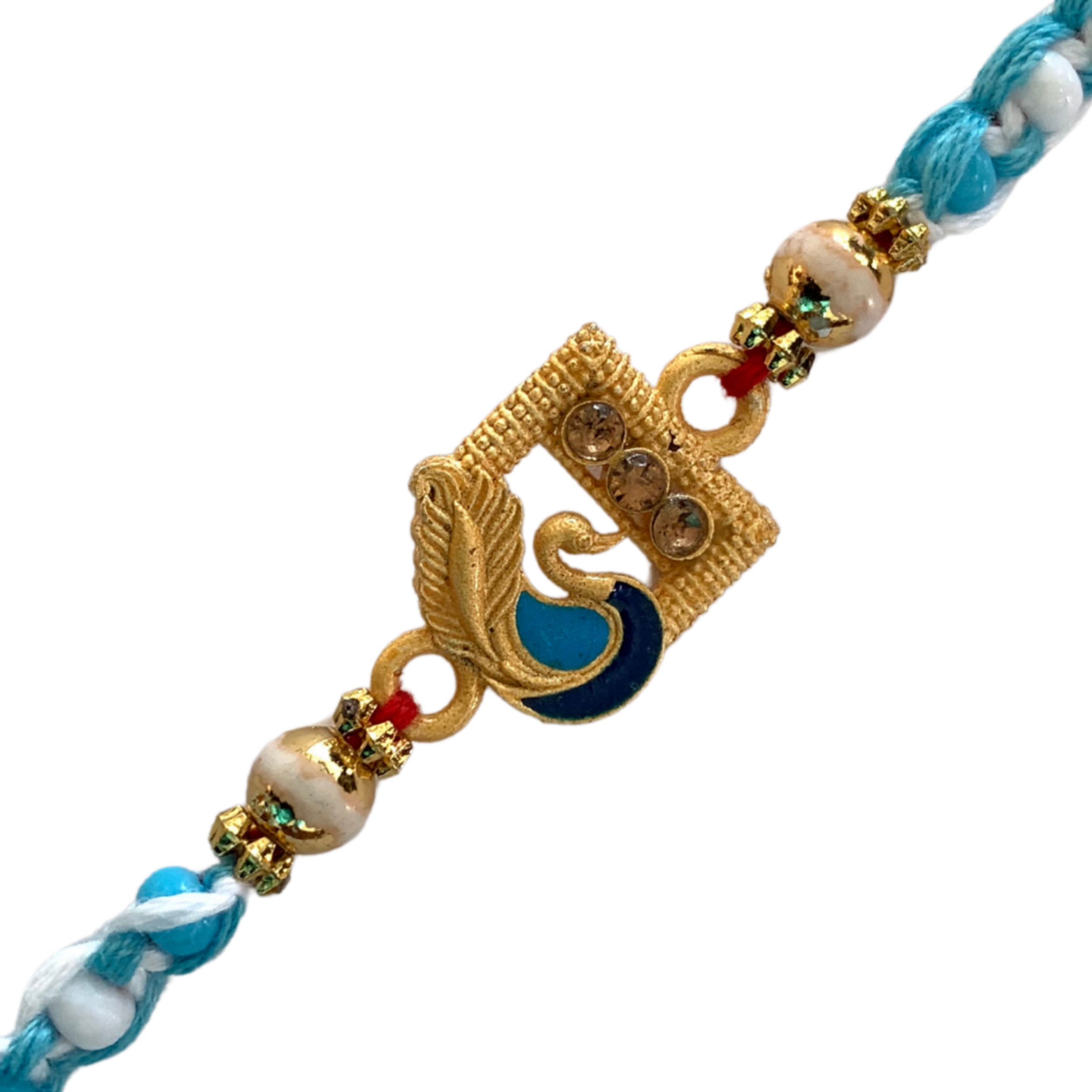 Blue Peacock Design Rakhi with Pearls & Golden Charm