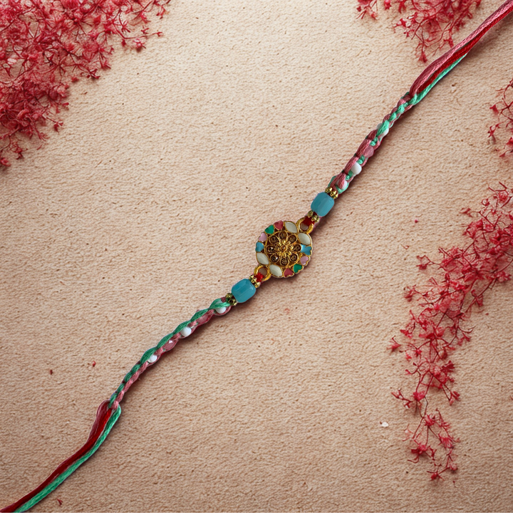 Colorful Floral Enamel Rakhi with Braided Silk Threads