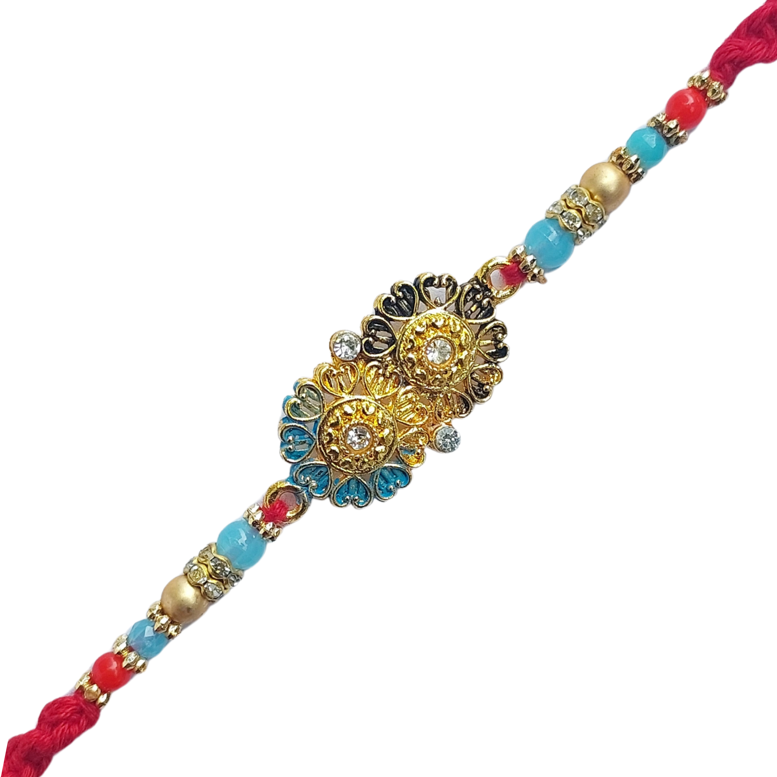 Floral Kundan Rakhi with Beads and Red Thread