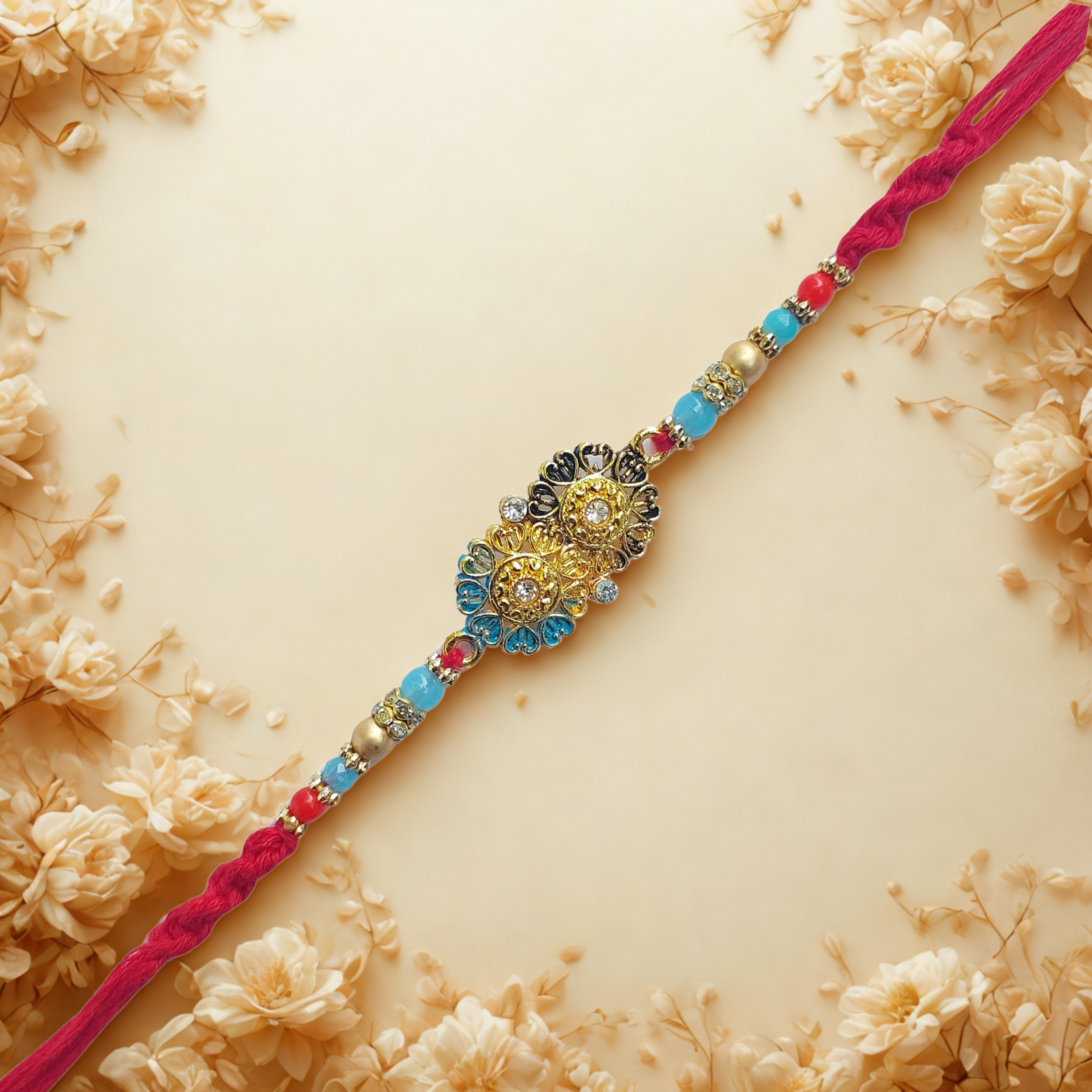 Floral Kundan Rakhi with Beads and Red Thread