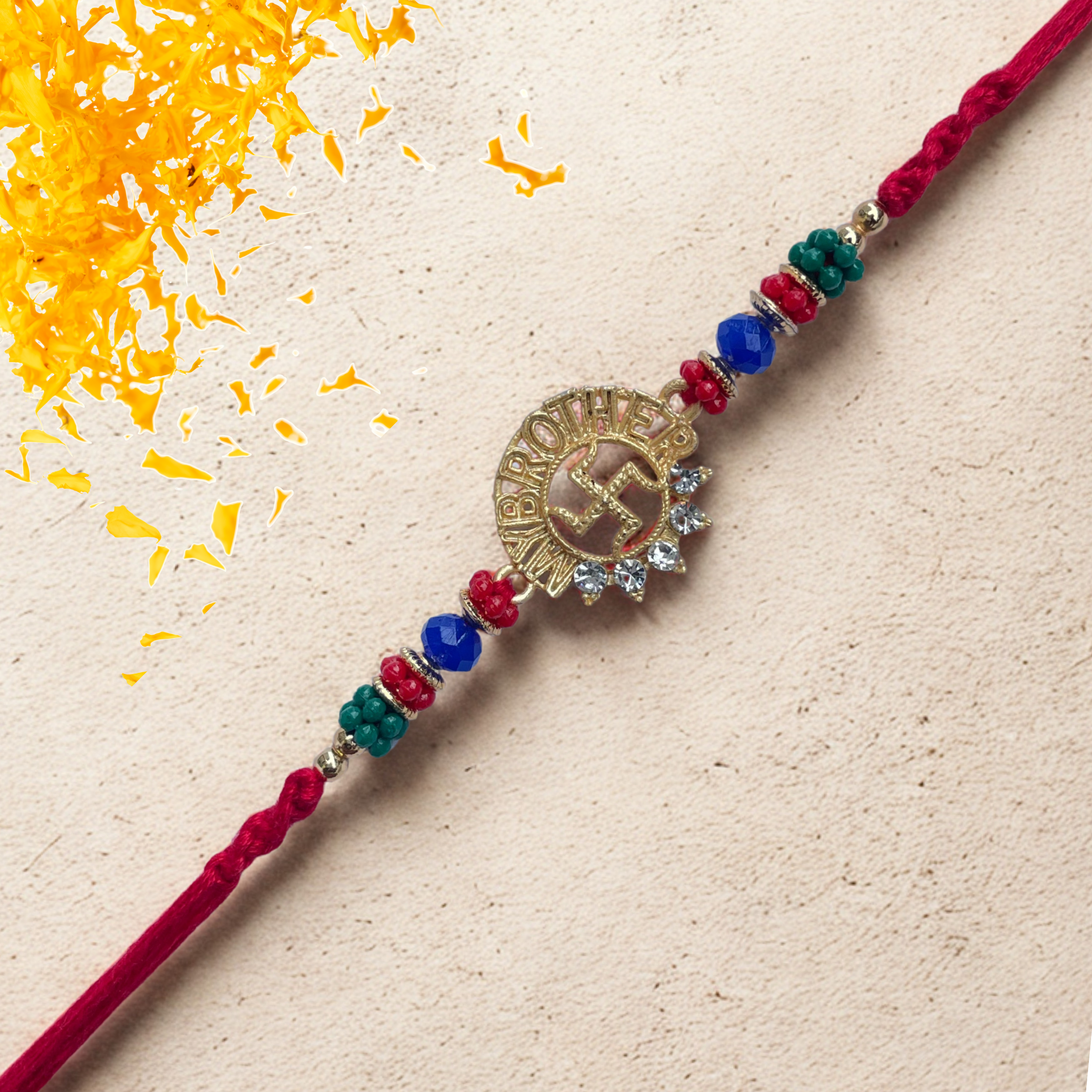 Swastik Brother Rakhi with Multicolor Beads & Crystals
