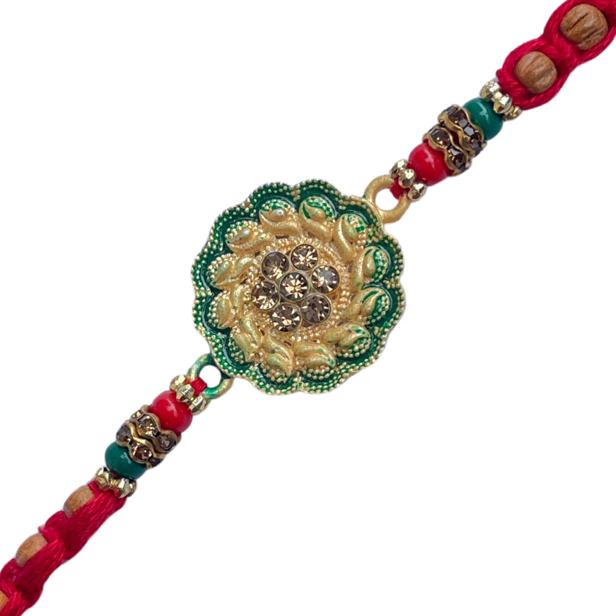 Traditional Floral Rakhi with Green Beaded Design