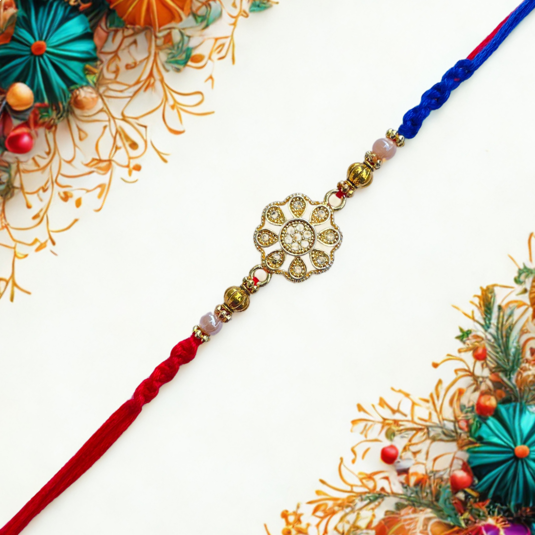 Elegant Floral Diamond-Cut Rakhi with Dual Thread