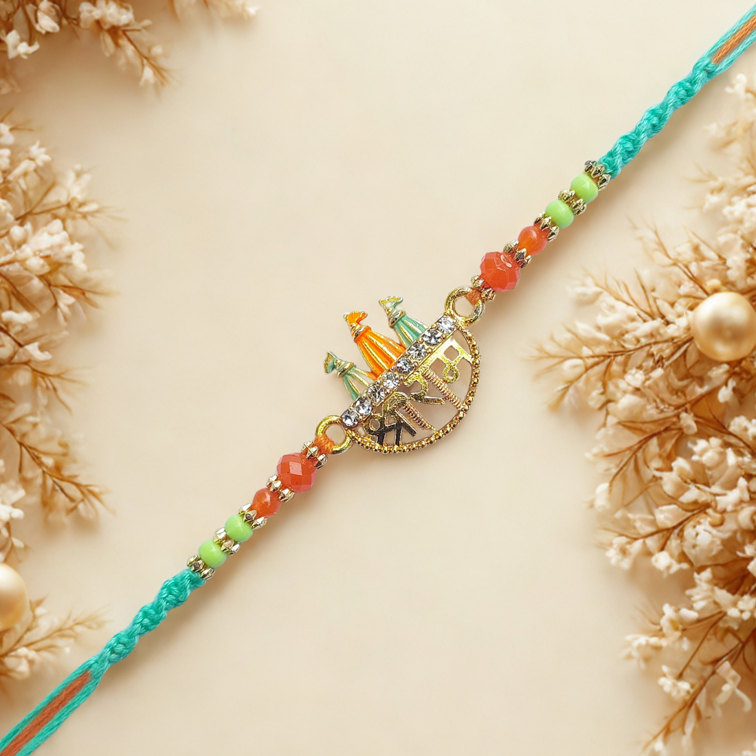 Ram Mandir Rakhi with Tricolor Beads & Stone Work
