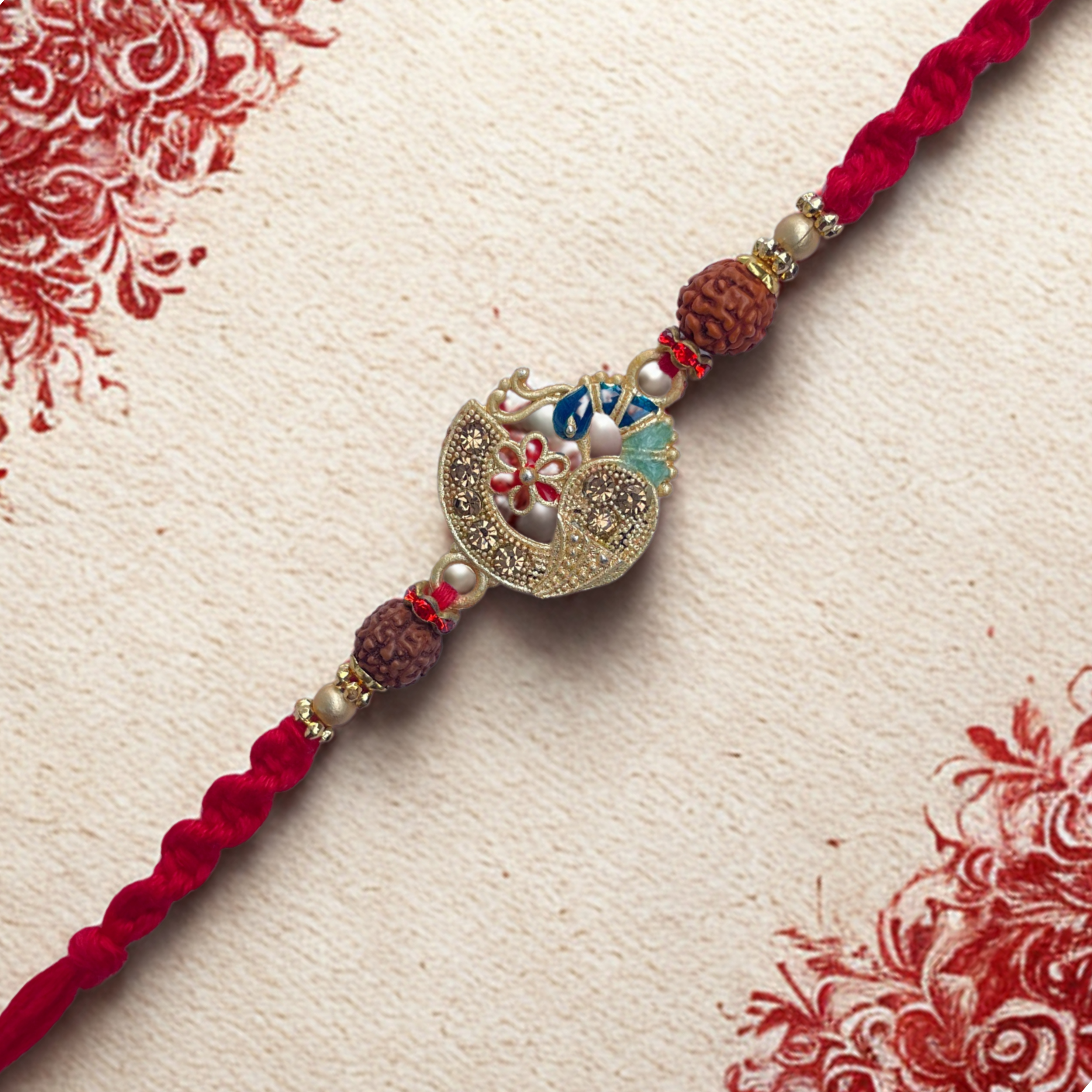 Peacock with Rudraksha Rakhi – Traditional & Elegant