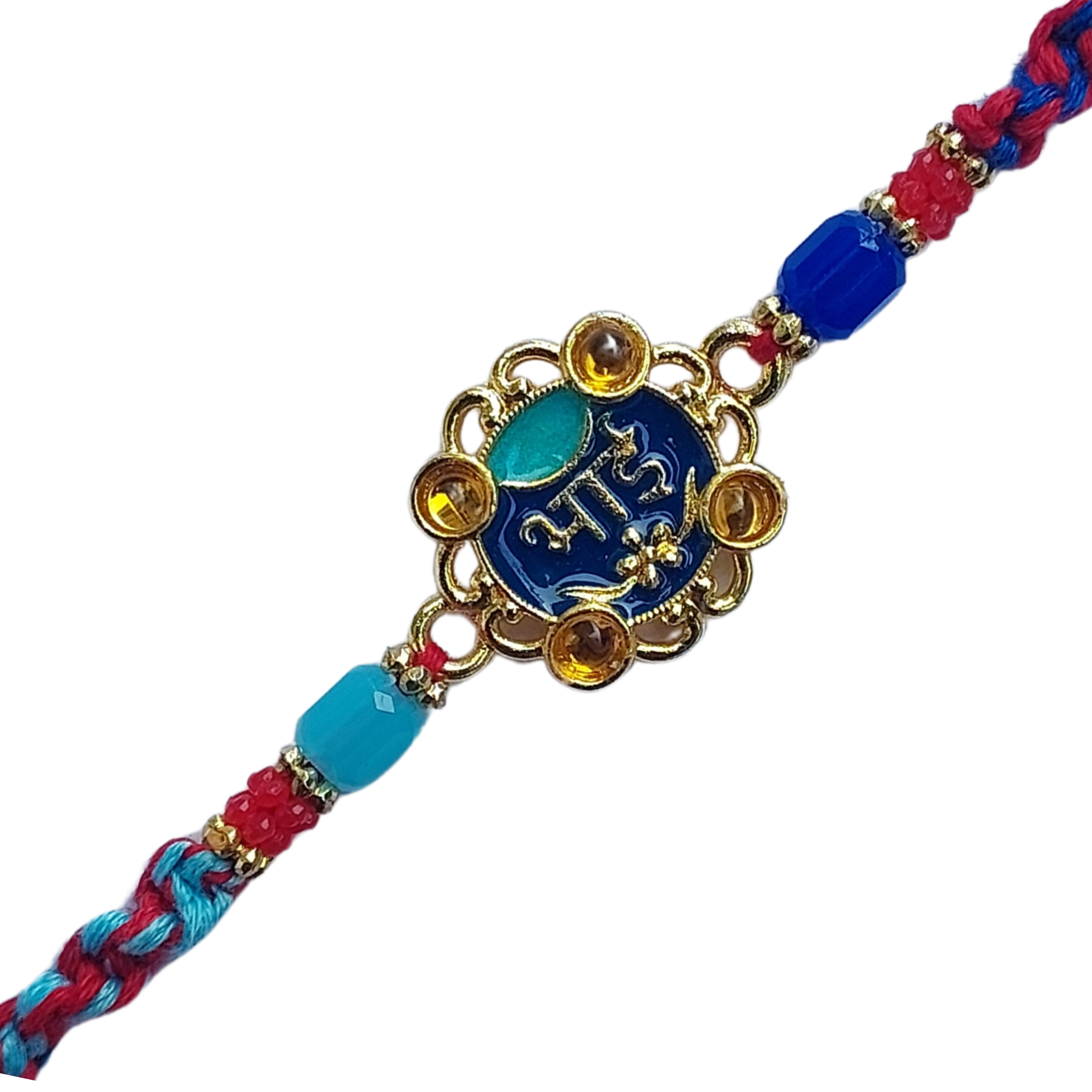 Elegant Blue "Bhai" Rakhi with Beads & Kundan Accents