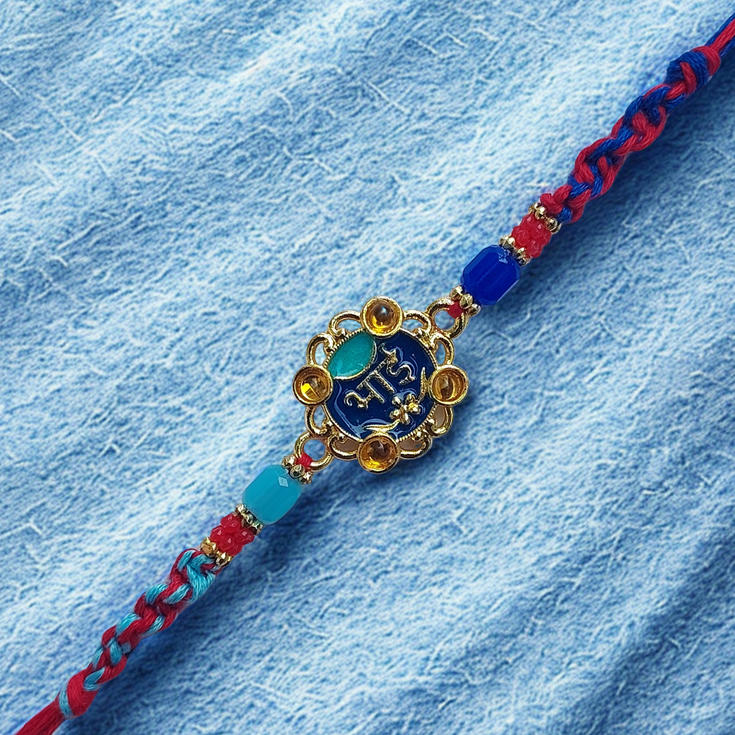Elegant Blue "Bhai" Rakhi with Beads & Kundan Accents