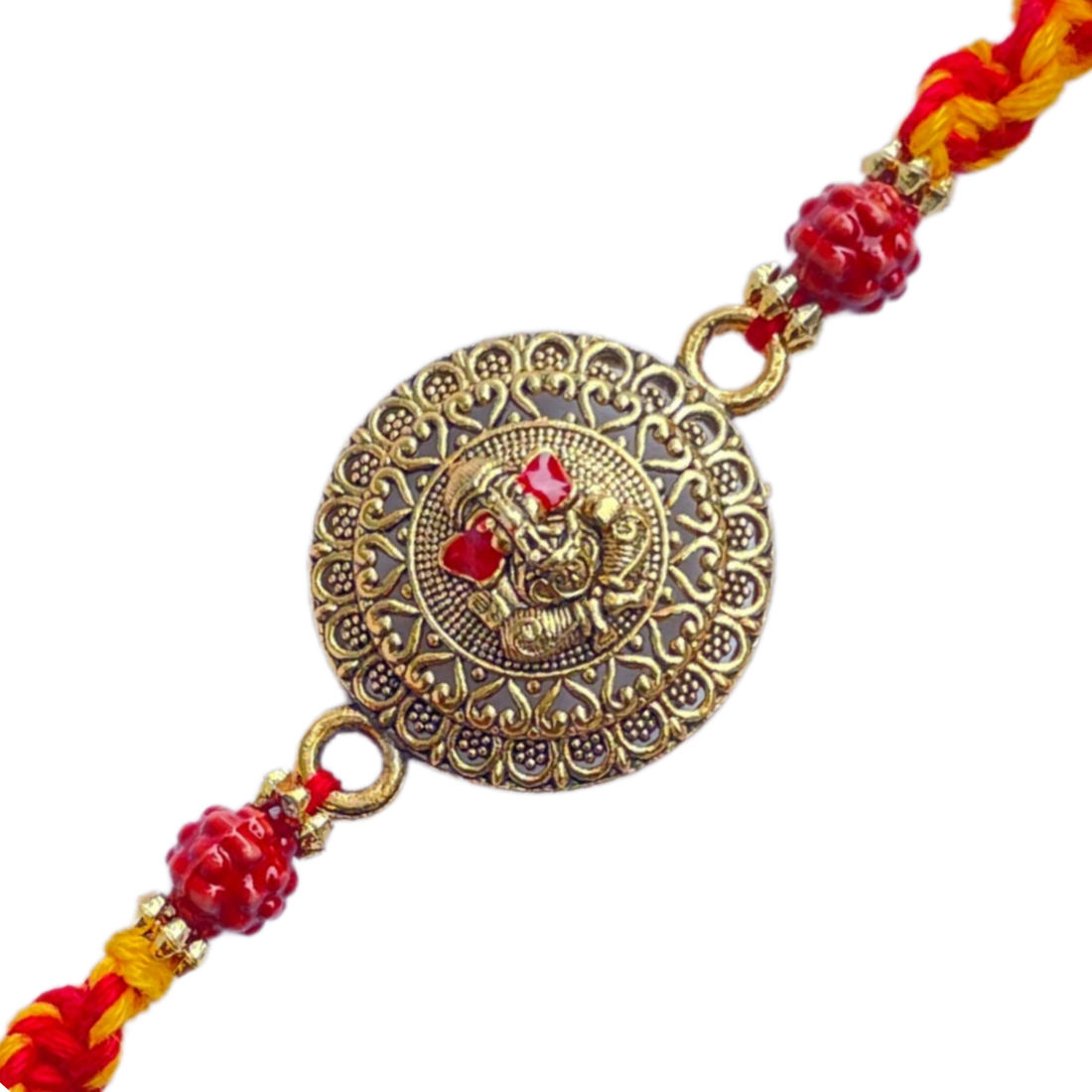 Antique Ganesha Rakhi with Red-Yellow Braided Thread