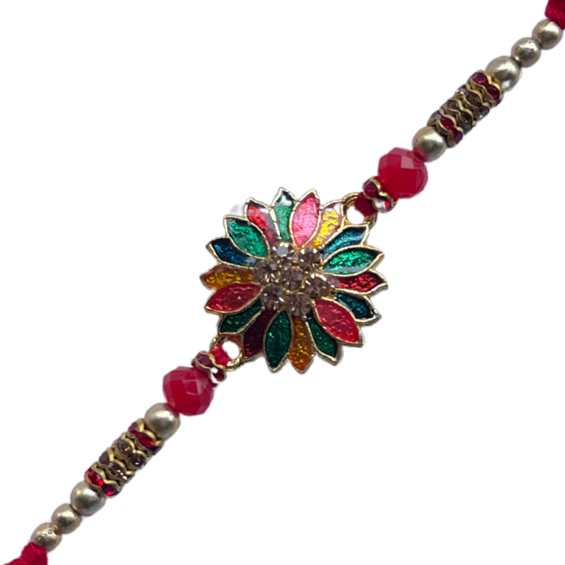 Multicolor Floral Rakhi with Beads and Red Thread