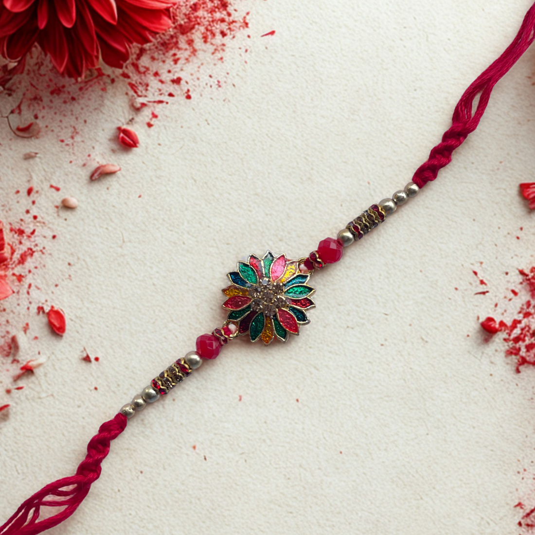Multicolor Floral Rakhi with Beads and Red Thread