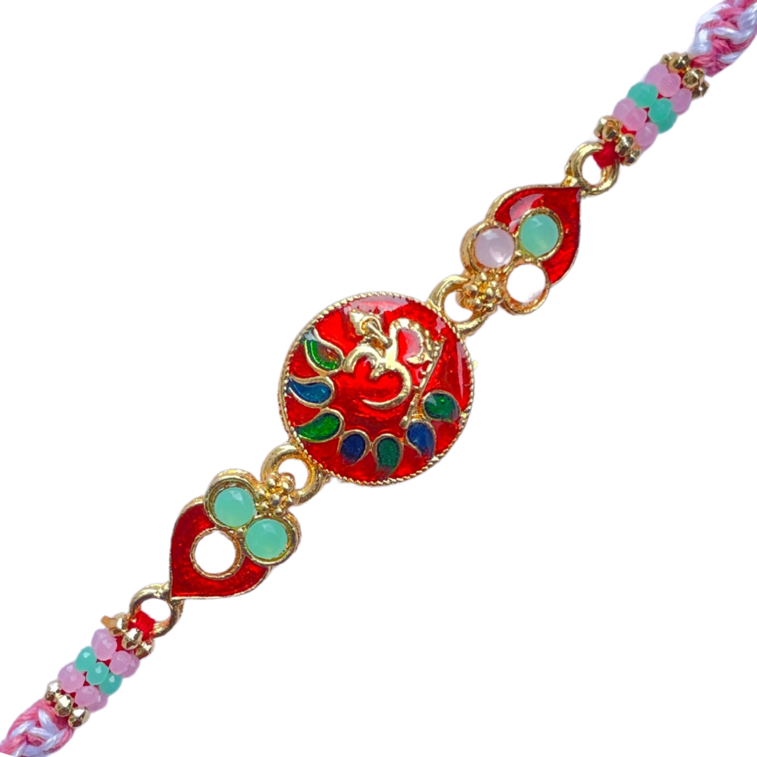 Elegant Red Om Rakhi with Bead Accents