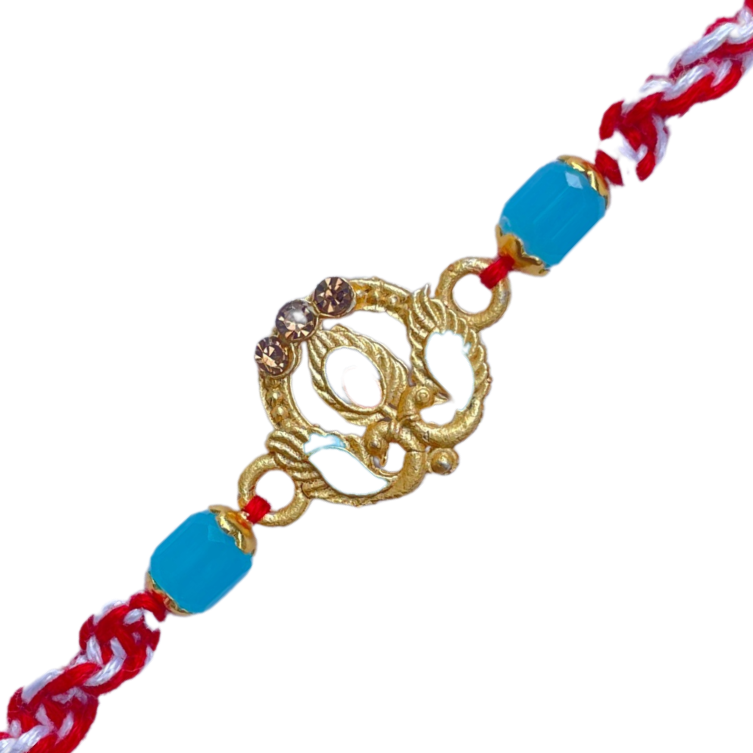 Elegant Peacock Rakhi with Blue Beads & Red Thread