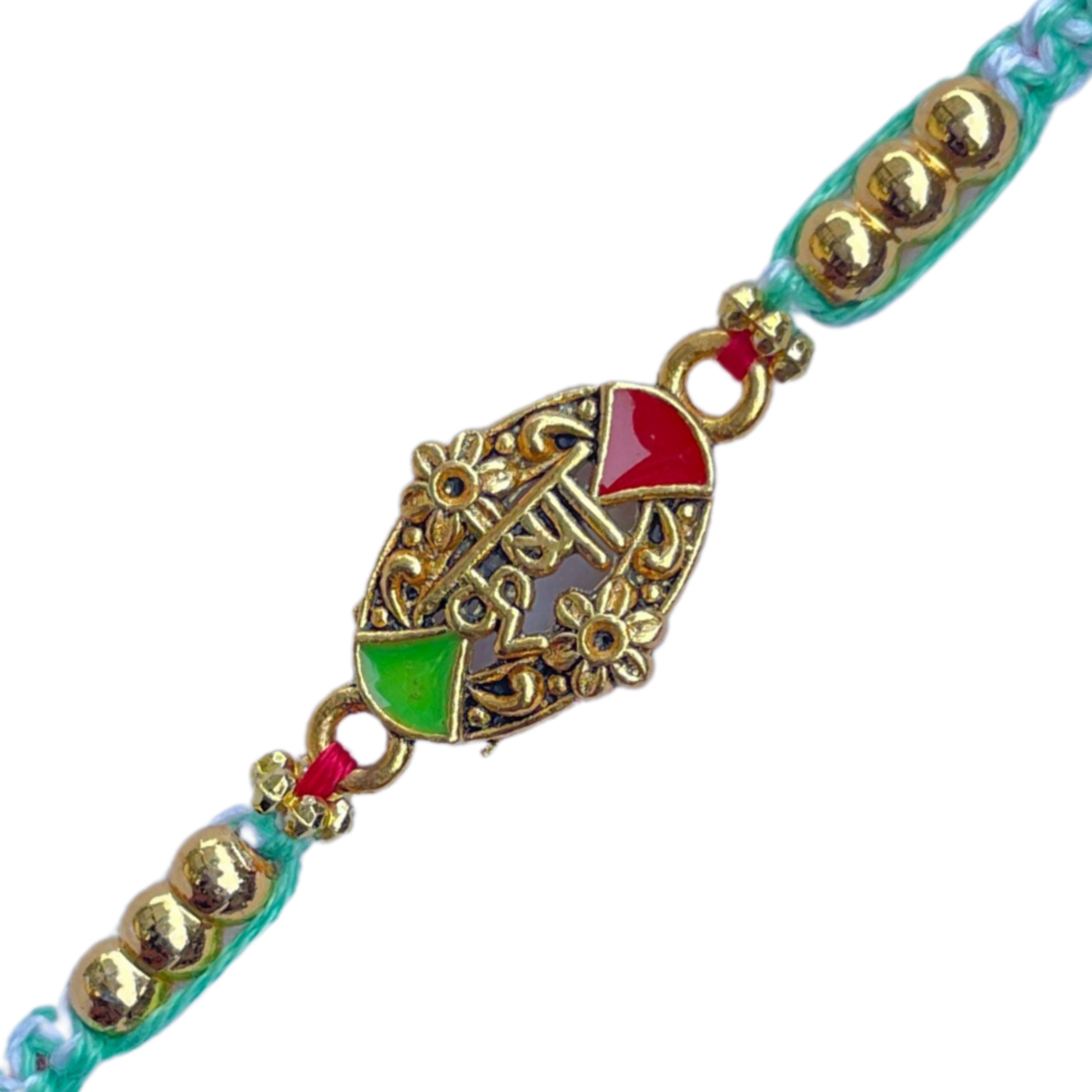 Golden Krishna Rakhi with Beads & Multicolor Thread