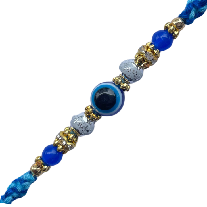 Blue Evil Eye Rakhi with Beads & Braided Thread