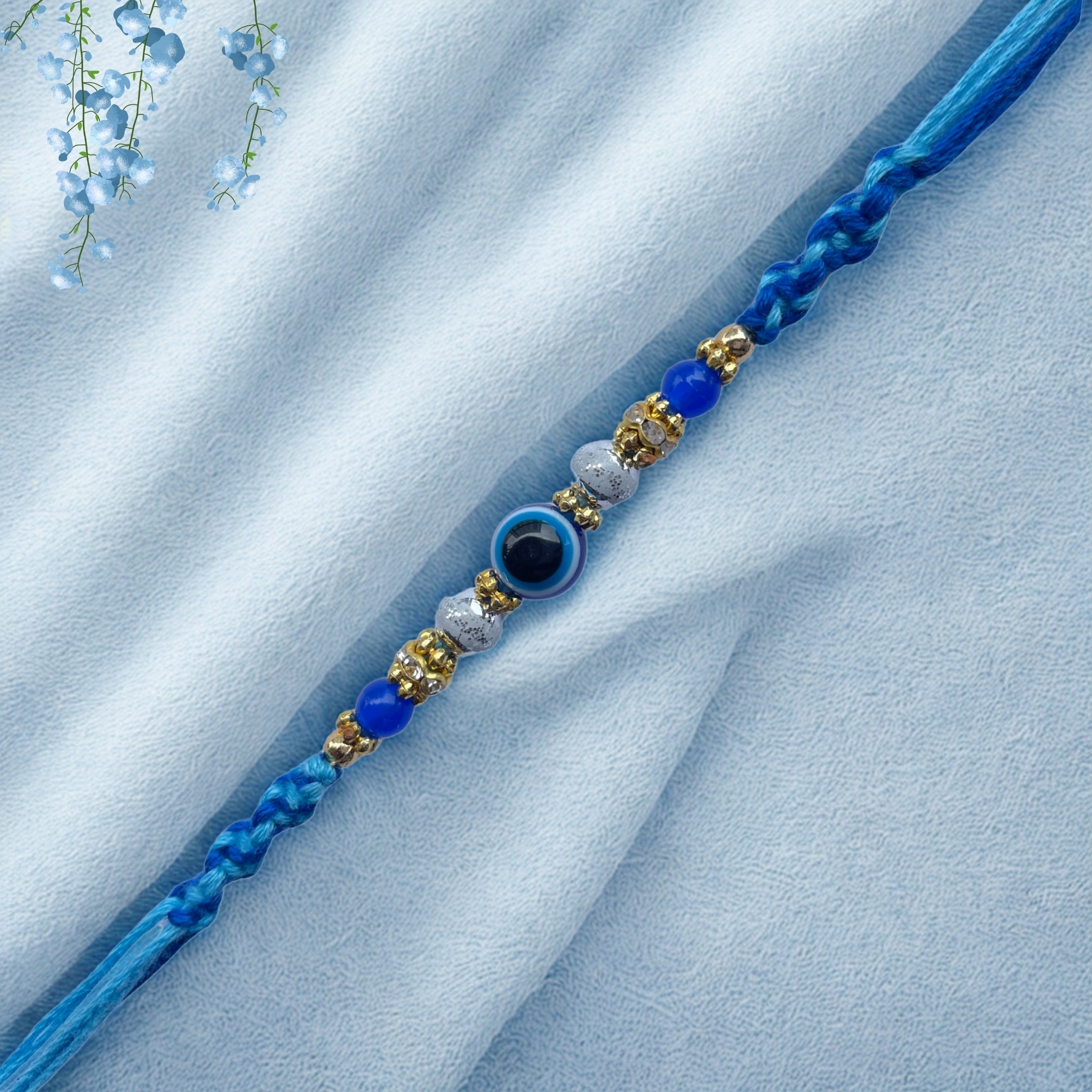 Blue Evil Eye Rakhi with Beads & Braided Thread
