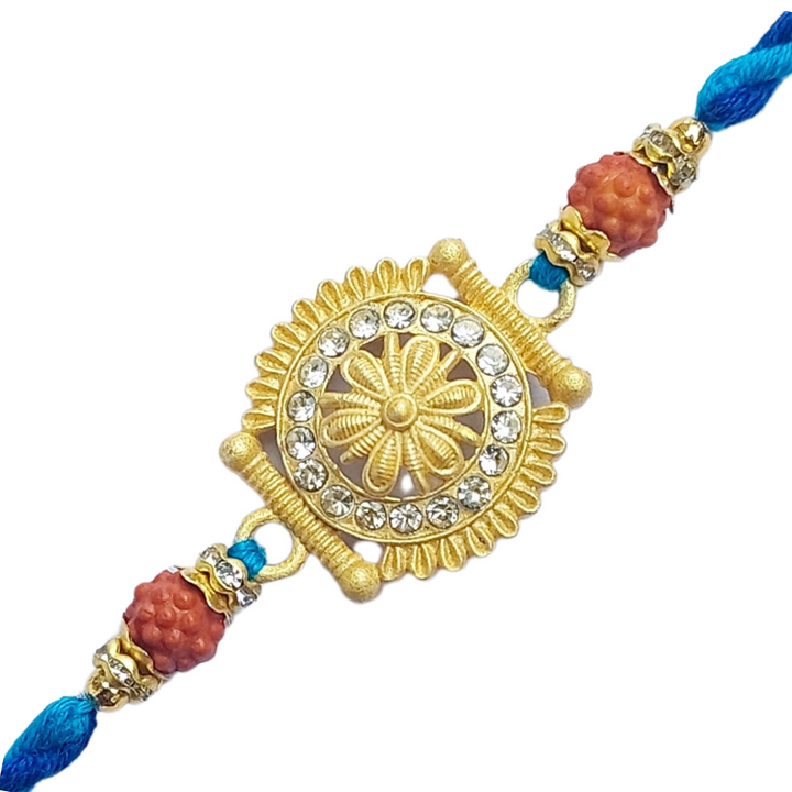 Elegant Rudraksha Rakhi with Golden Floral Dial