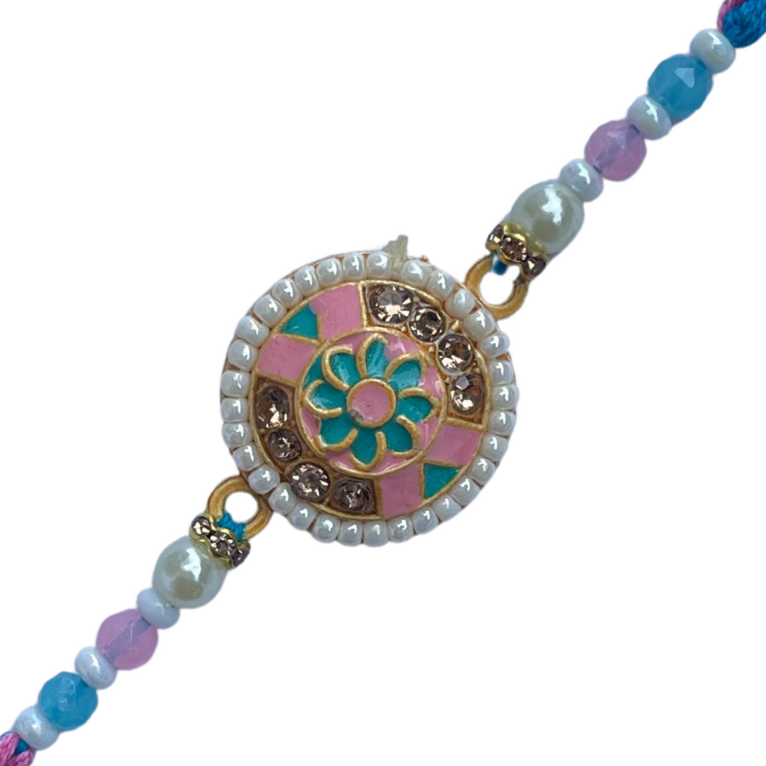 Pastel Beaded Rakhi with Floral Enamel Centerpiece