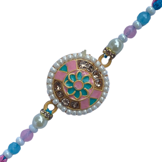 Pastel Beaded Rakhi with Floral Enamel Centerpiece