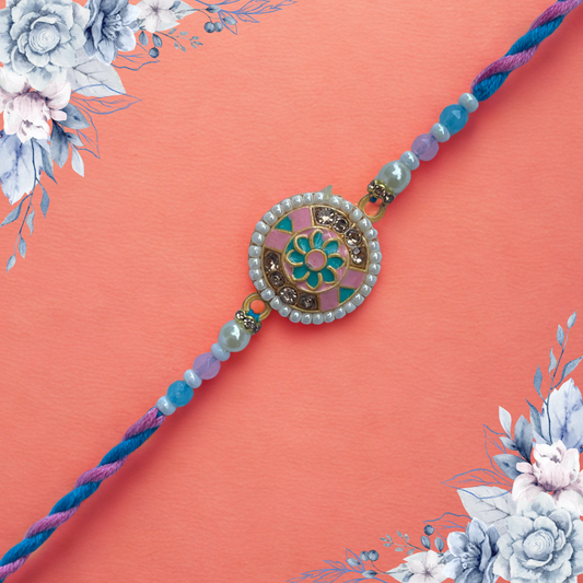 Pastel Beaded Rakhi with Floral Enamel Centerpiece