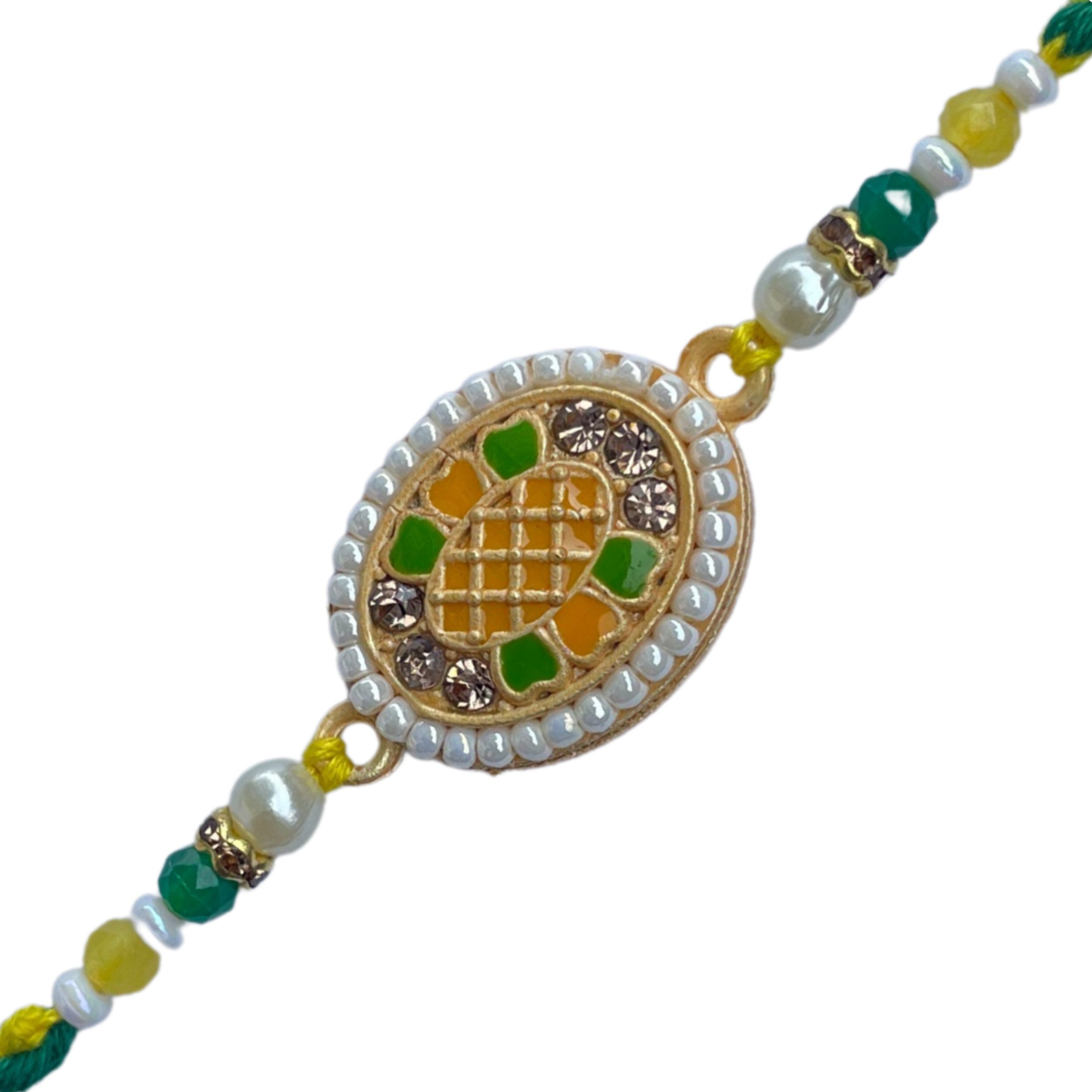 Elegant Meenakari Rakhi with Green-Yellow Thread