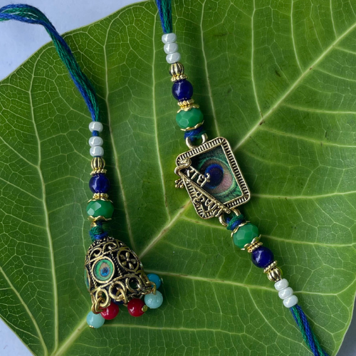 Handcrafted Peacock Rakhi: Krishna-Inspired Rakhi with Bell Charm