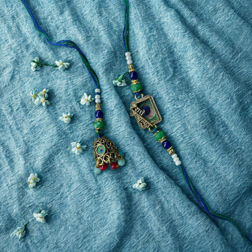 Handcrafted Peacock Rakhi: Krishna-Inspired Rakhi with Bell Charm