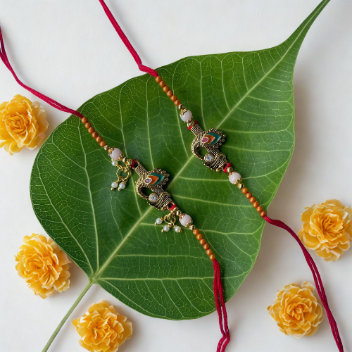 Divine Bond Rakhi with Elegant Peacock Motif and Beaded Grace