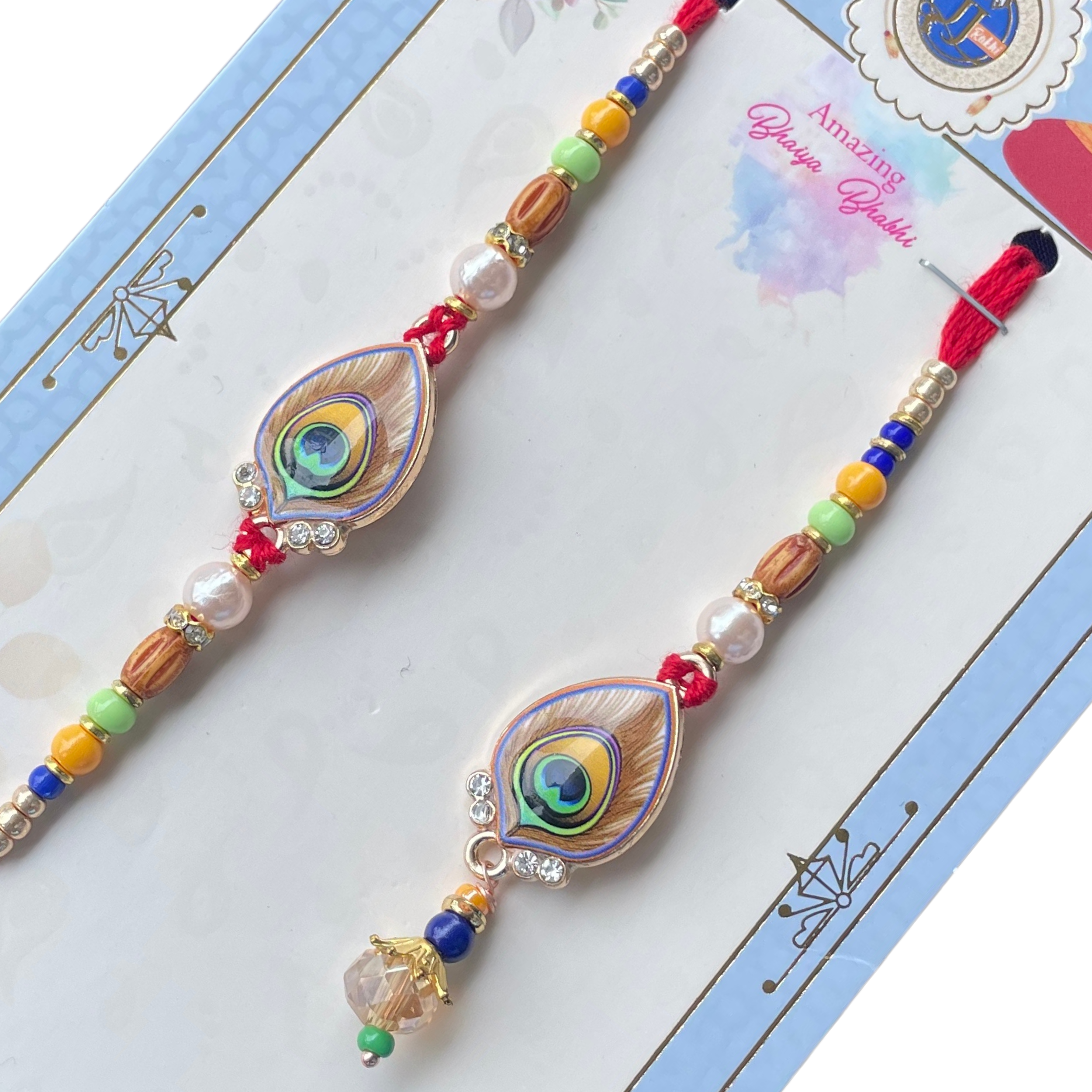 Peacock Bond Rakhi with Krishna-Inspired Feather for Bhai Bhabhi