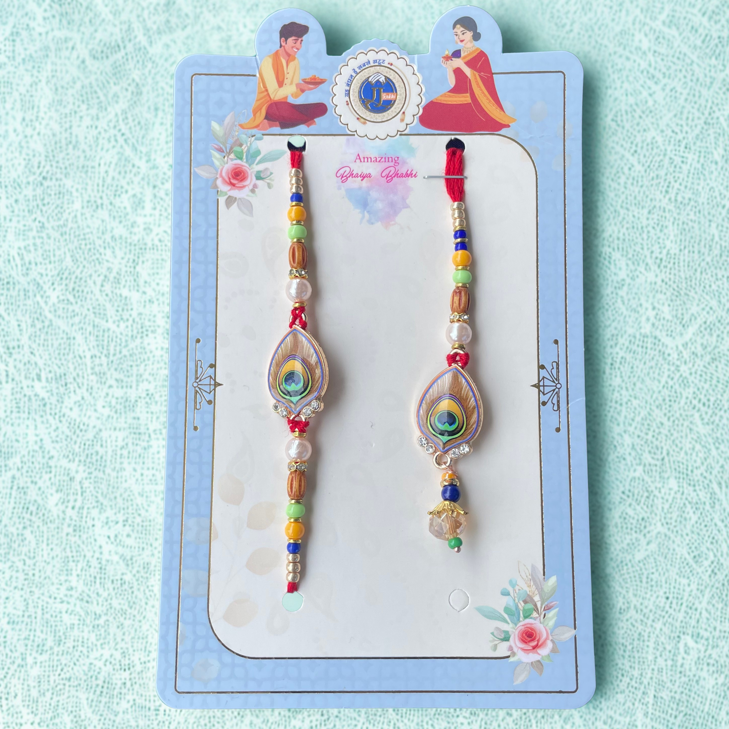 Peacock Bond Rakhi with Krishna-Inspired Feather for Bhai Bhabhi