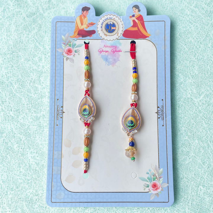 Peacock Bond Rakhi with Krishna-Inspired Feather for Bhai Bhabhi