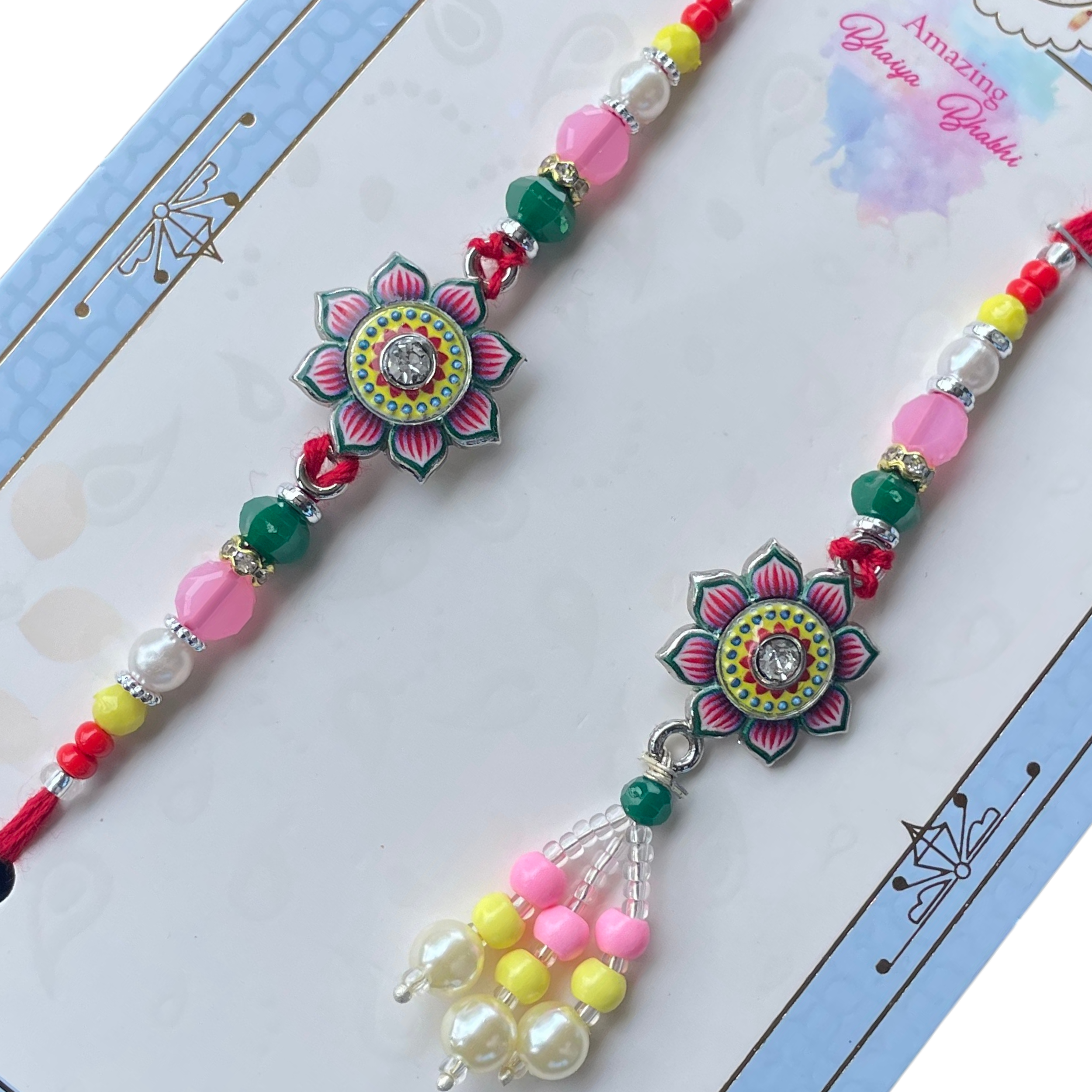 Lotus Leela Floral Rakhi Set - Handcrafted Bhaiya Bhabhi Rakhis with Beads & Charm