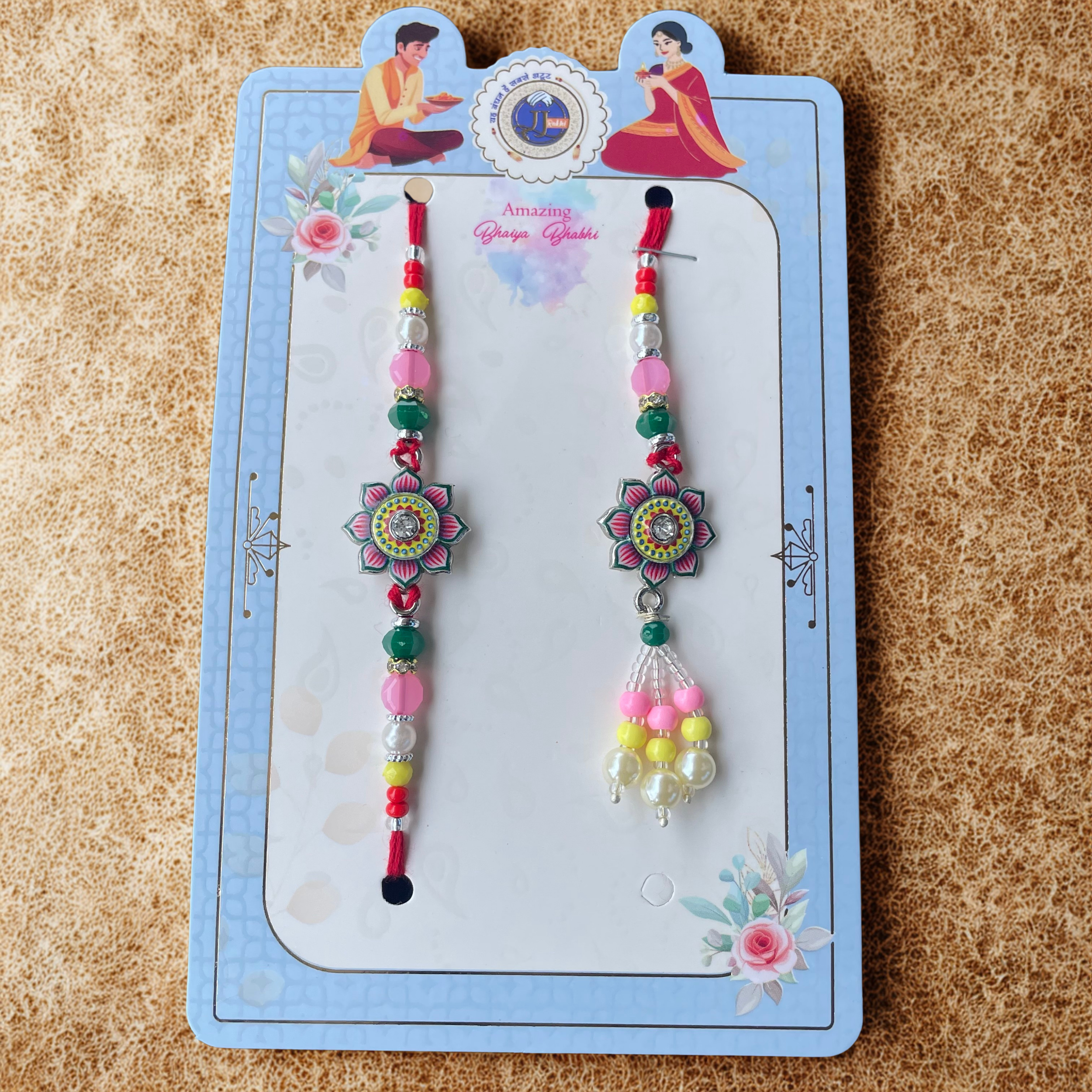 Lotus Leela Floral Rakhi Set - Handcrafted Bhaiya Bhabhi Rakhis with Beads & Charm