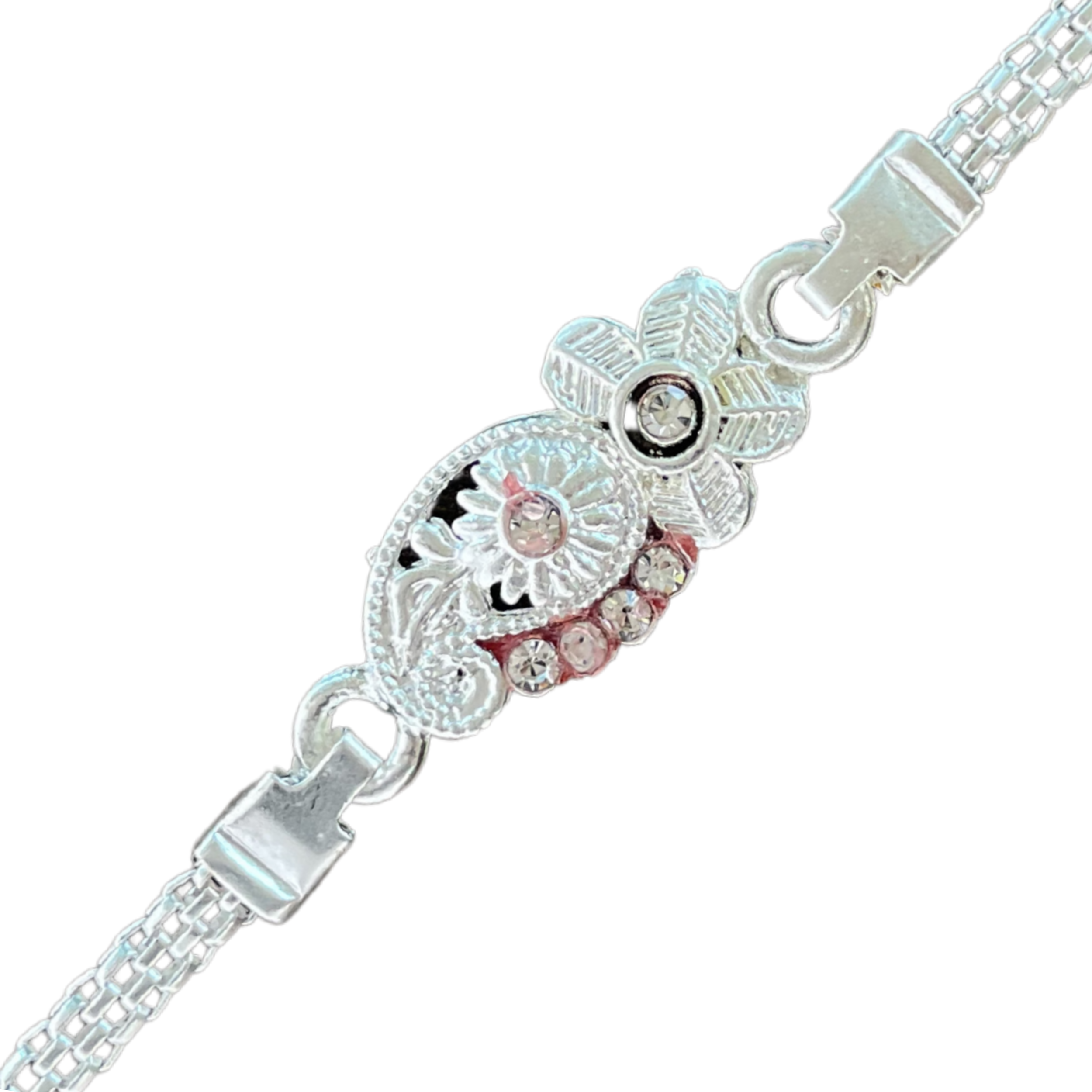 Classic Silver Paisley Rakhi with White Stone Accents