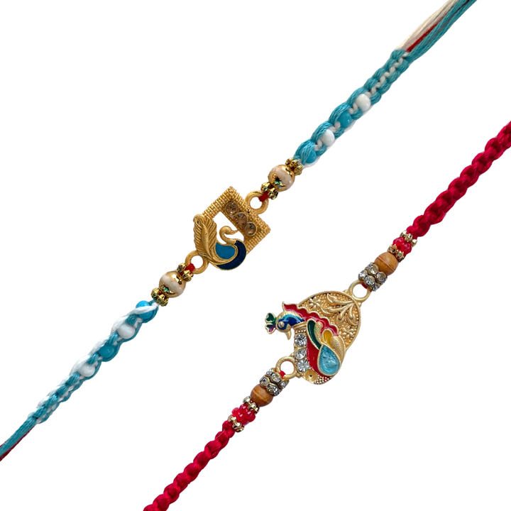 Set of 2 Royal Peacock & Feather Rakhi Set for Brother