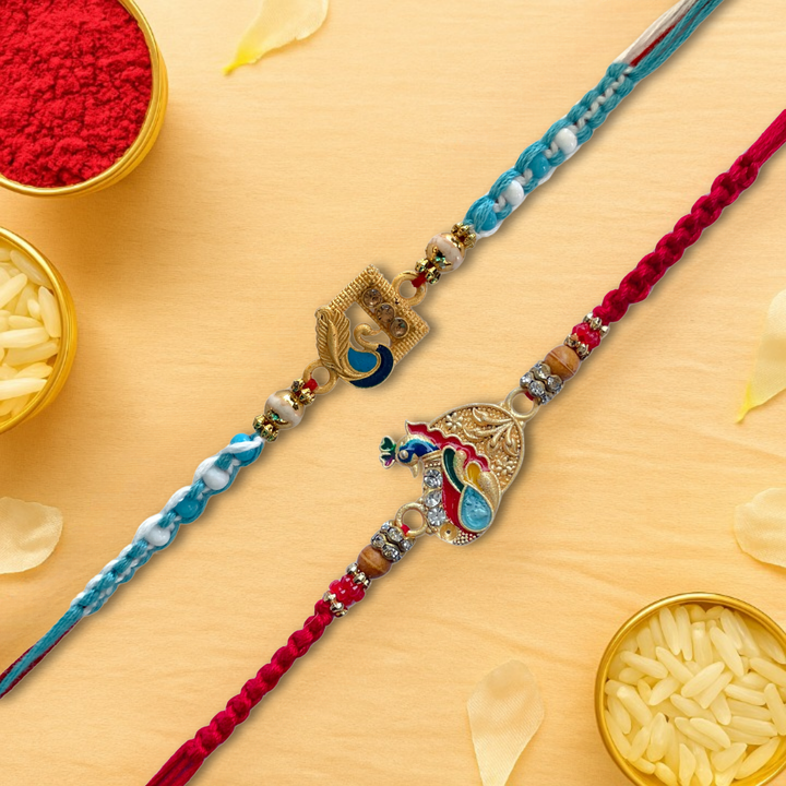 Set of 2 Royal Peacock & Feather Rakhi Set for Brother
