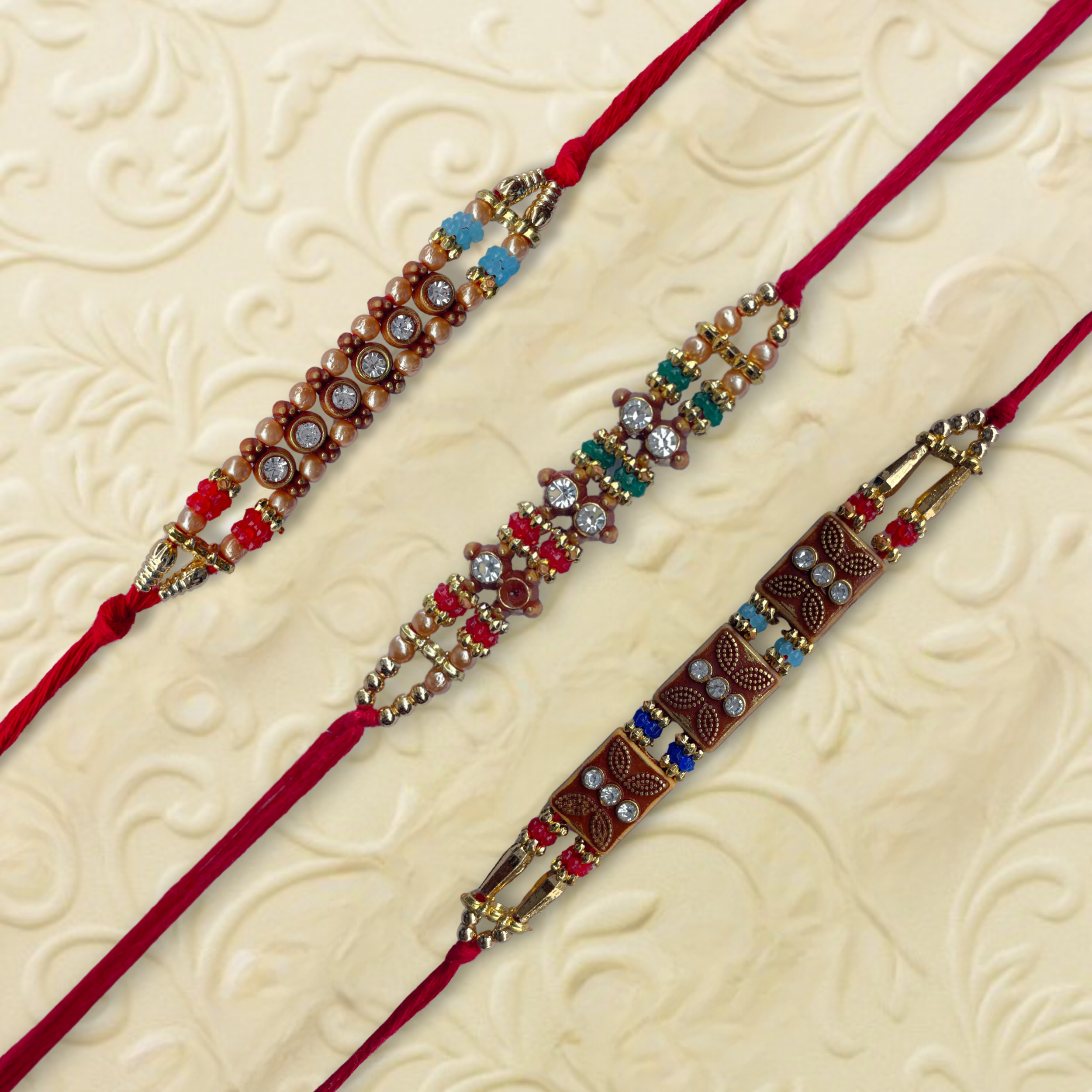 Set of 3 Traditional Beaded Rakhi Set for Brother