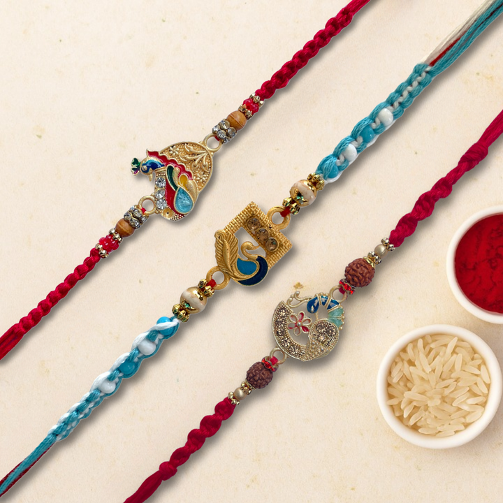 Set of 3 Graceful Peacock & Designer Rakhis Set