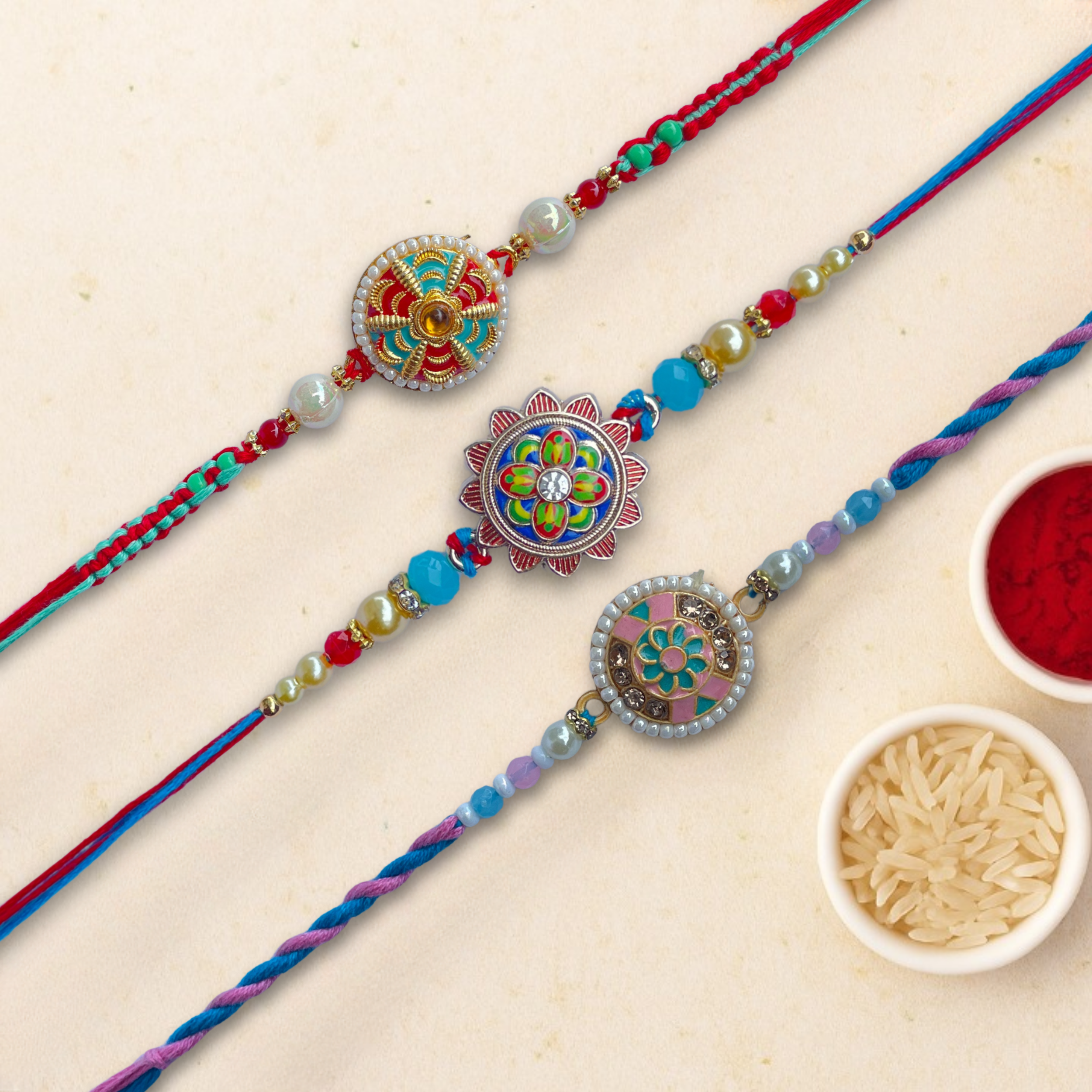 Set of 3 Artistic Floral Rakhi & Designer Rakhis